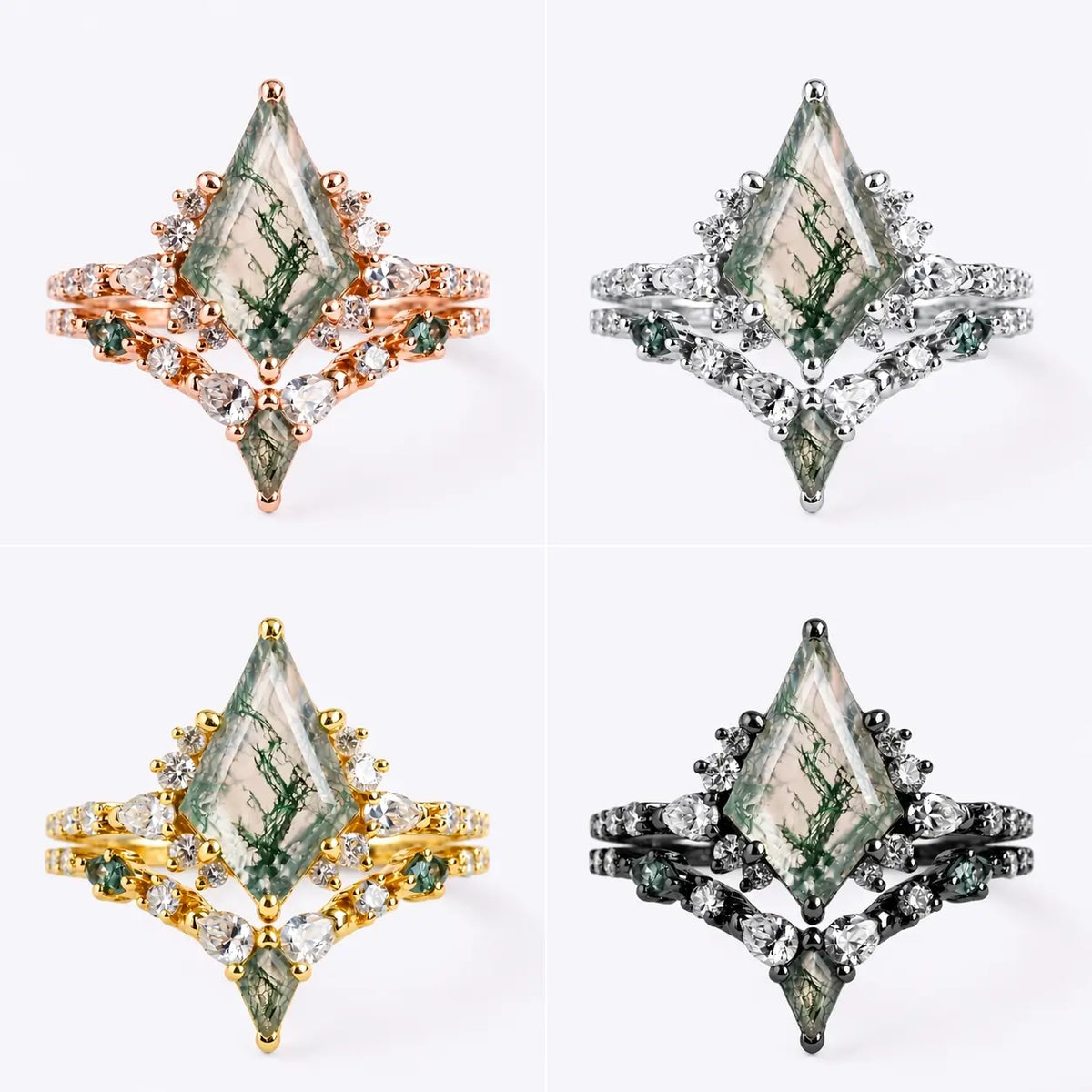 Kite Cut Moss Agate Rings – Unique Geometric Engagement Ring Set