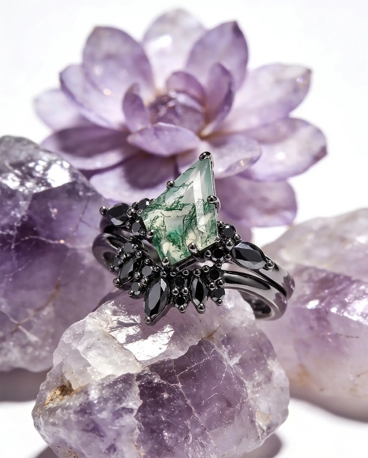 Handmade custom black gold ring set, crystal background
