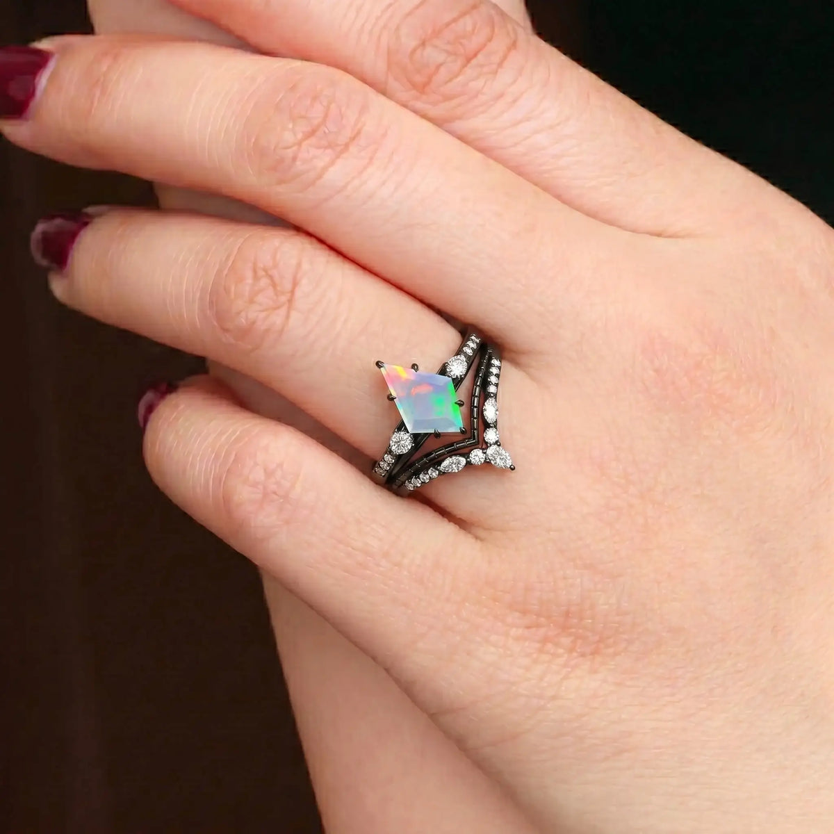 kite opal ring art deco design double chevron wedding band for women black gold