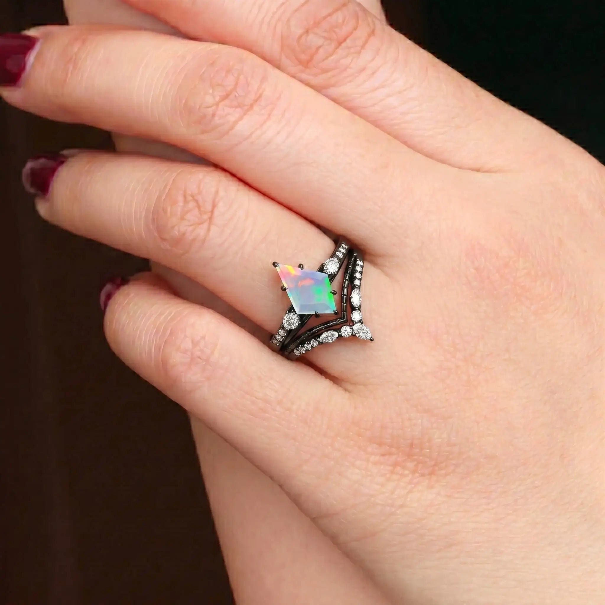 kite opal ring art deco design double chevron wedding band for women black gold