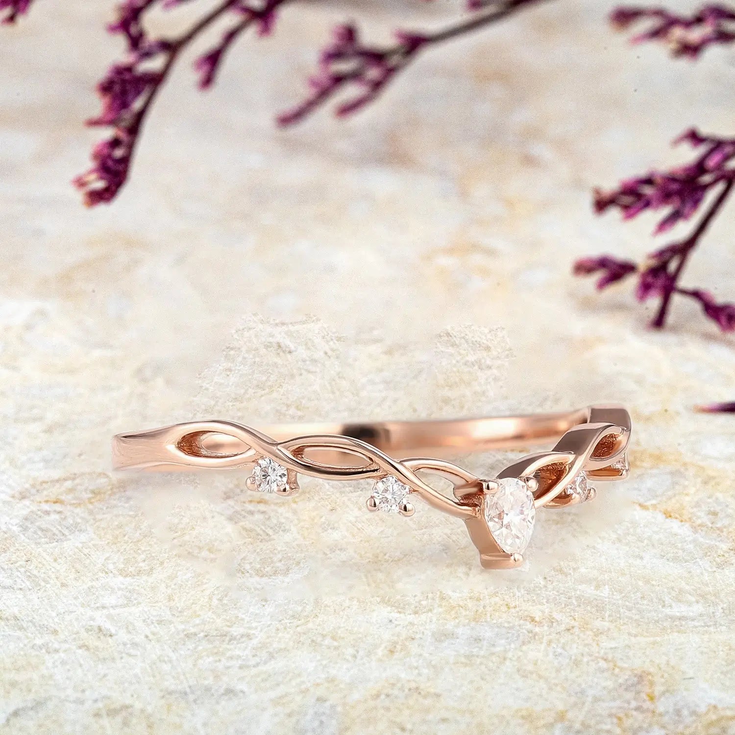 Custom 18K Rose Gold Moissanite Wedding Band - Match Twist BandS for ladies gift