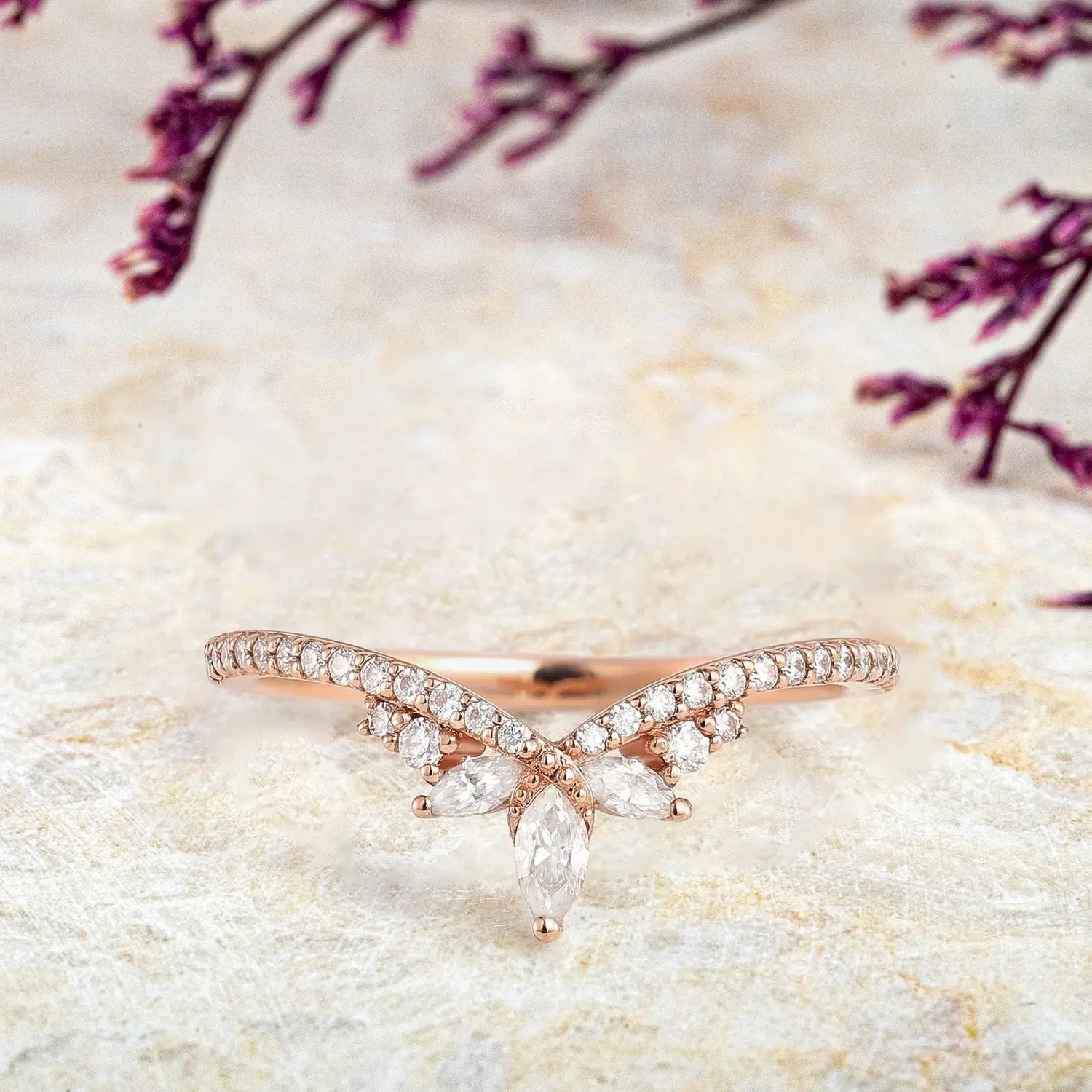 Moissanite Chevron Wedding Band – Art Deco Inspired Matching Stacking Ring