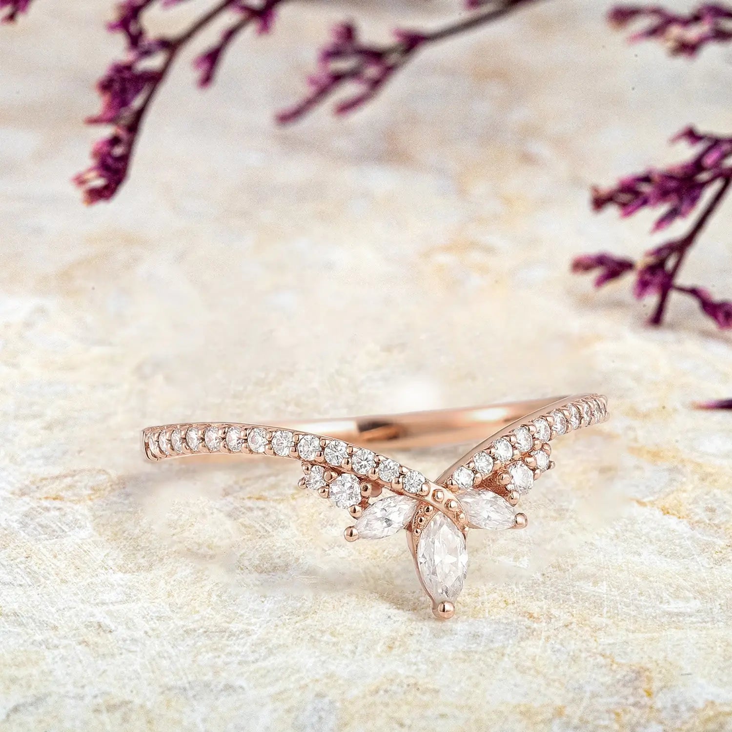 Moissanite Chevron Wedding Band – Art Deco Inspired Matching Stacking Ring