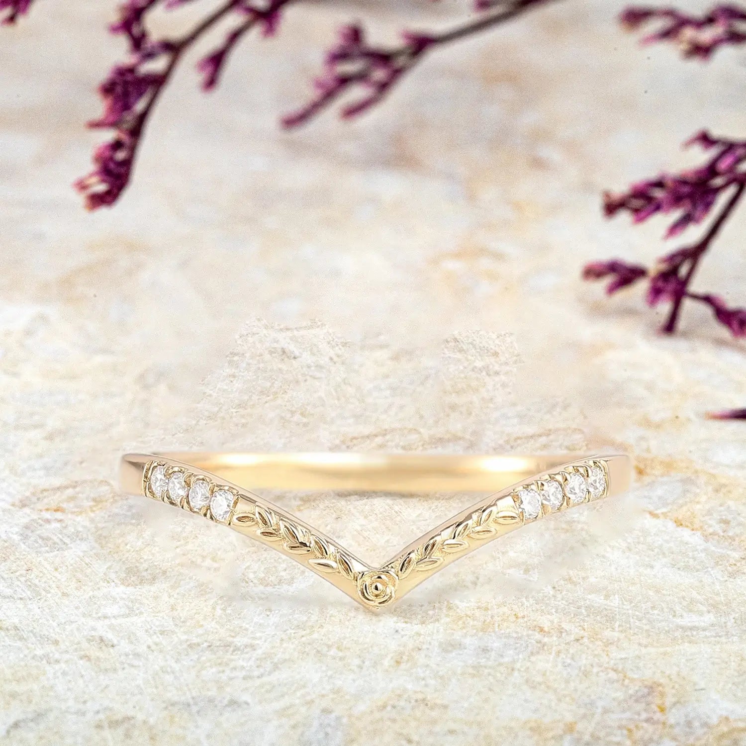 Custom 18K Yellow Gold Moissanite Wedding Band - Chevron Match