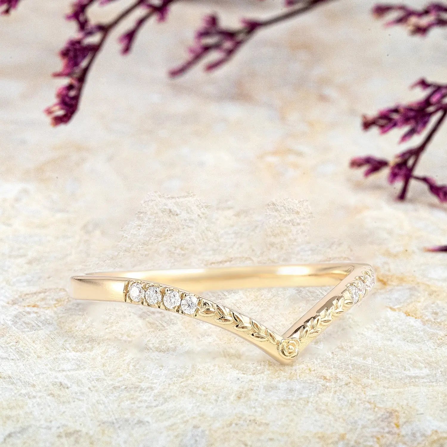 Custom 18K Yellow Gold Moissanite Wedding Band - Chevron Match