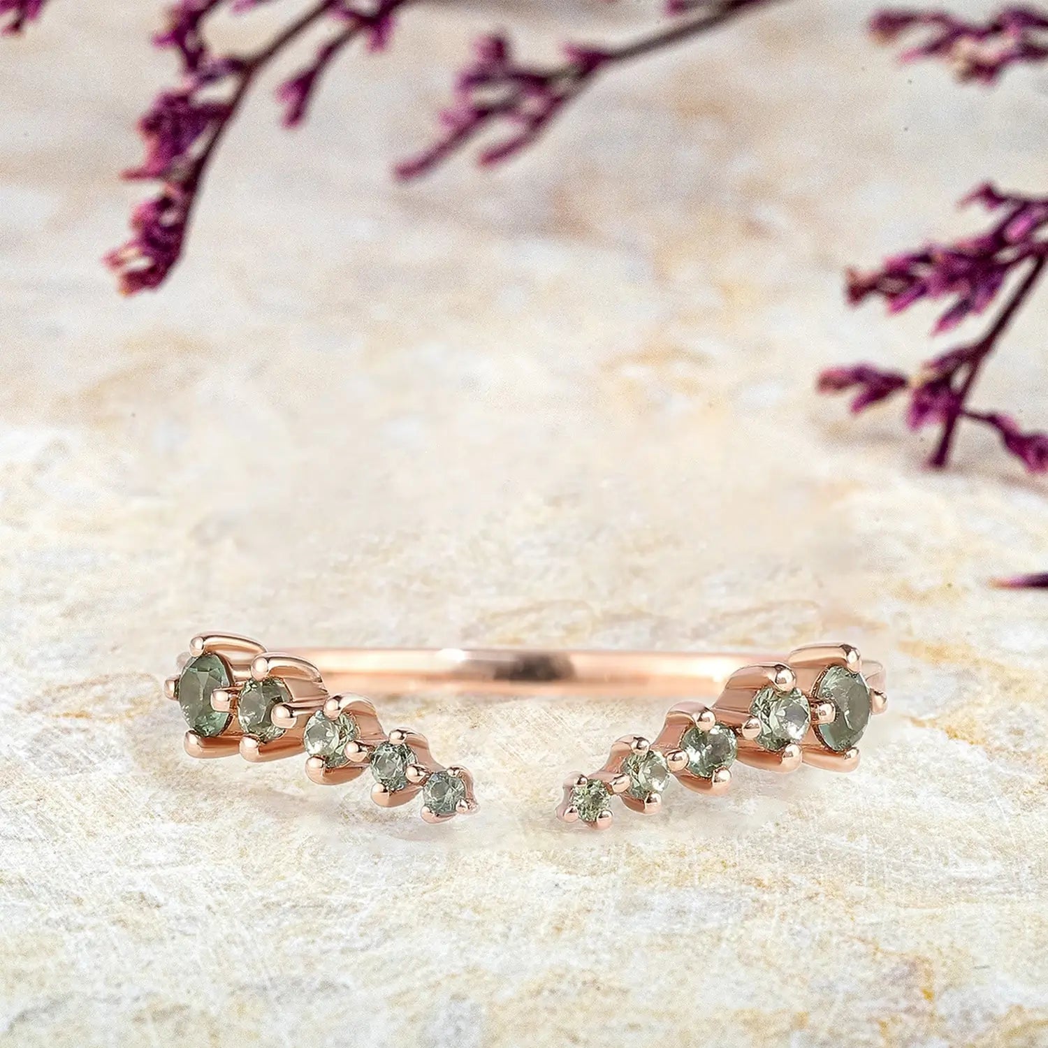 Verdant Cascade – Lab Grown Green Sapphire Open Wedding Band | orleone