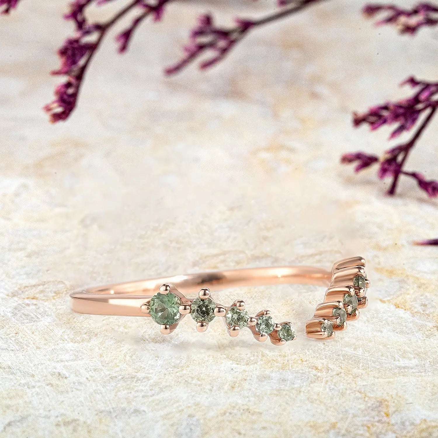 Verdant Cascade – Lab Grown Green Sapphire Open Wedding Band | orleone