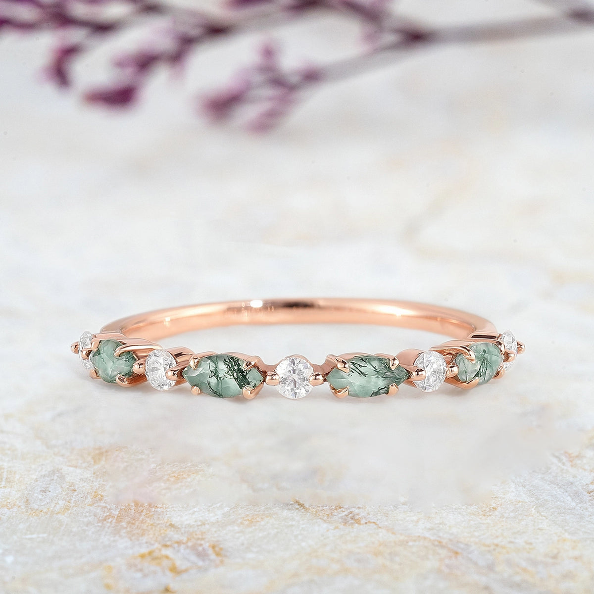 Marquise Cut Moss Agate Straight Wedding Bands Stackable Bands