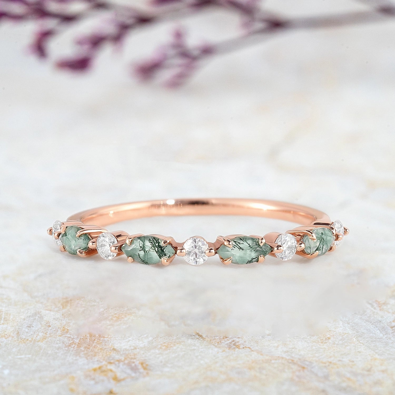 Marquise Cut Moss Agate Straight Wedding Bands Stackable Bands