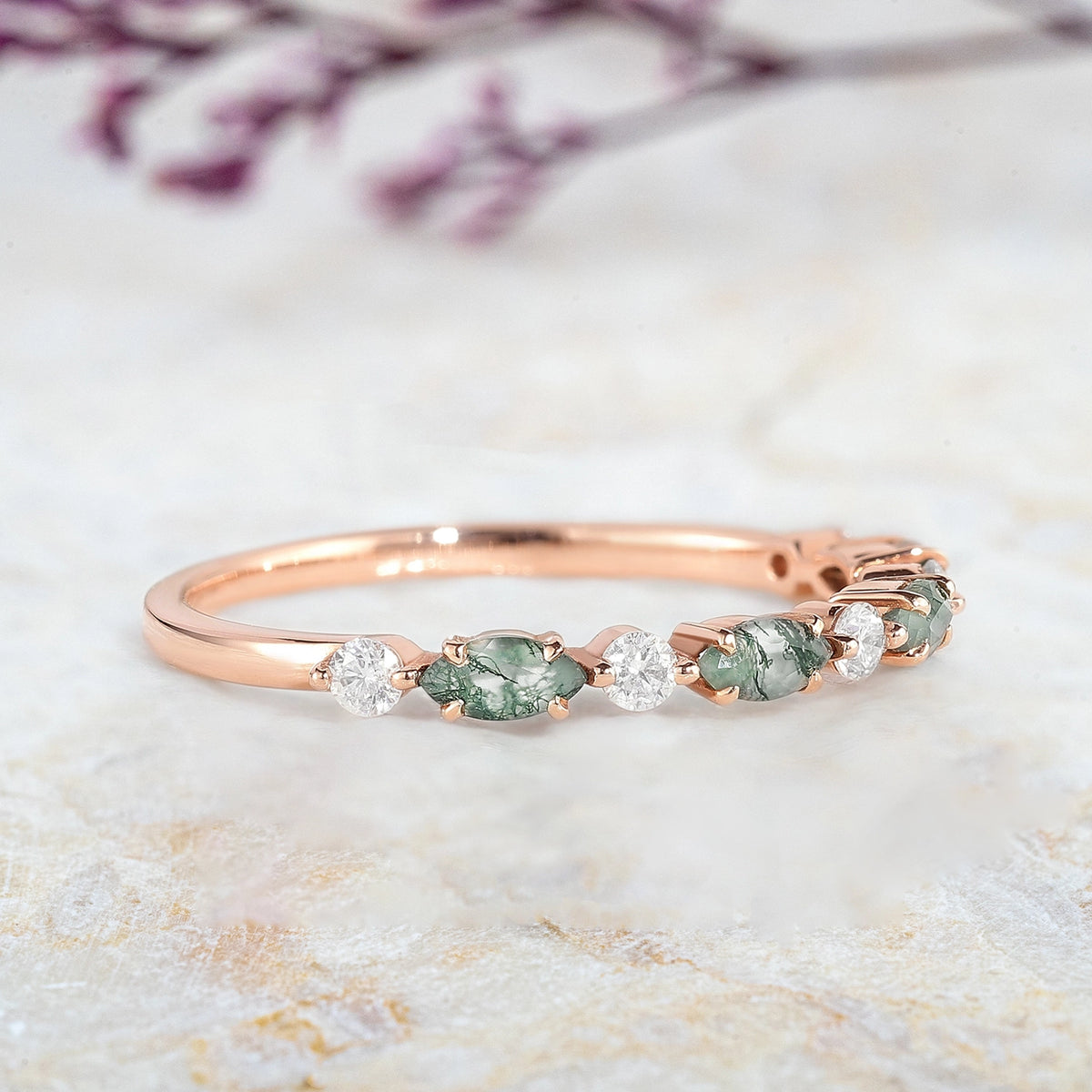 Marquise Cut Moss Agate Straight Wedding Bands Stackable Bands for ladies gift