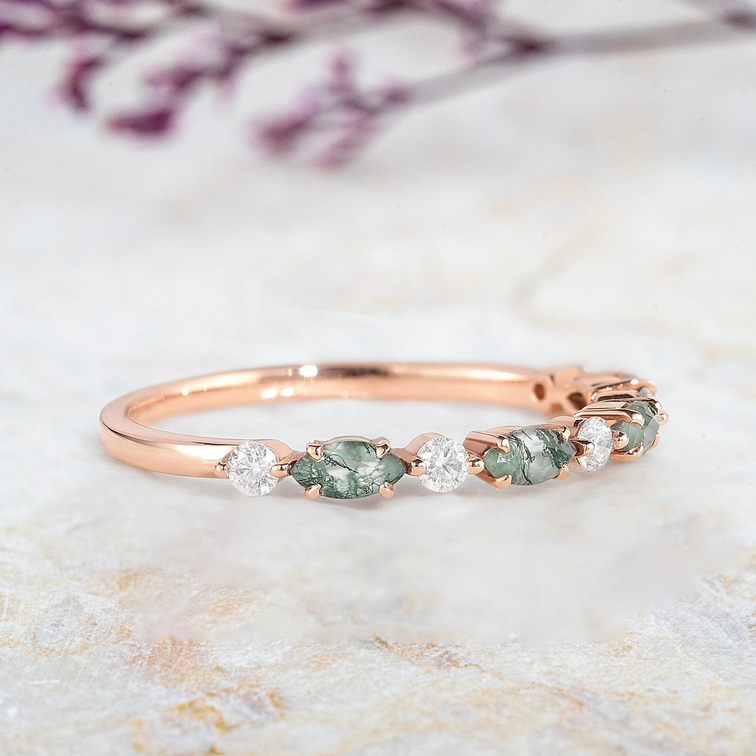 Marquise Cut Moss Agate Straight Wedding Bands Stackable Bands for ladies gift