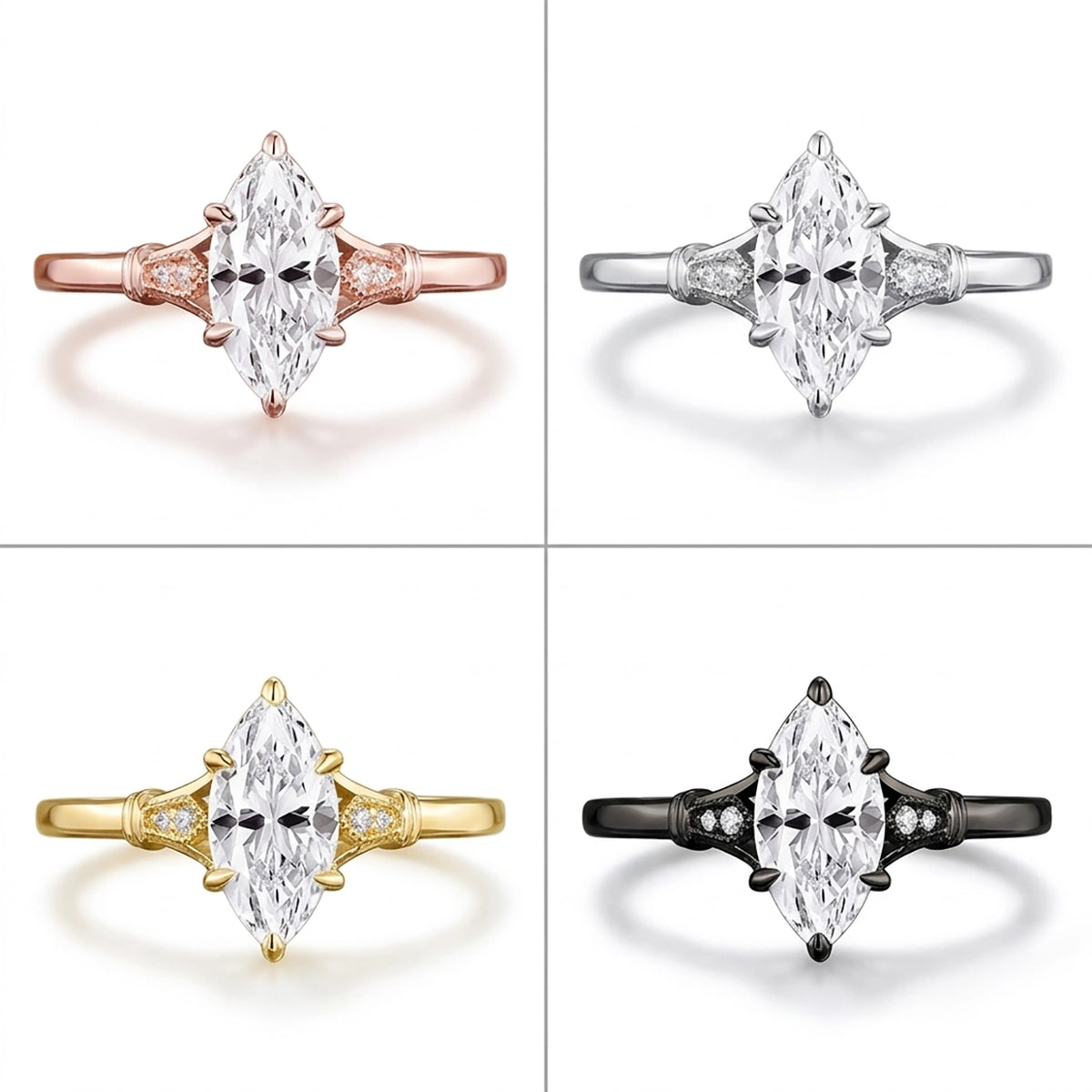 Bague de fiançailles en moissanite taille marquise, anneau fendu, style vintage minimaliste, trois pierres - Radiance