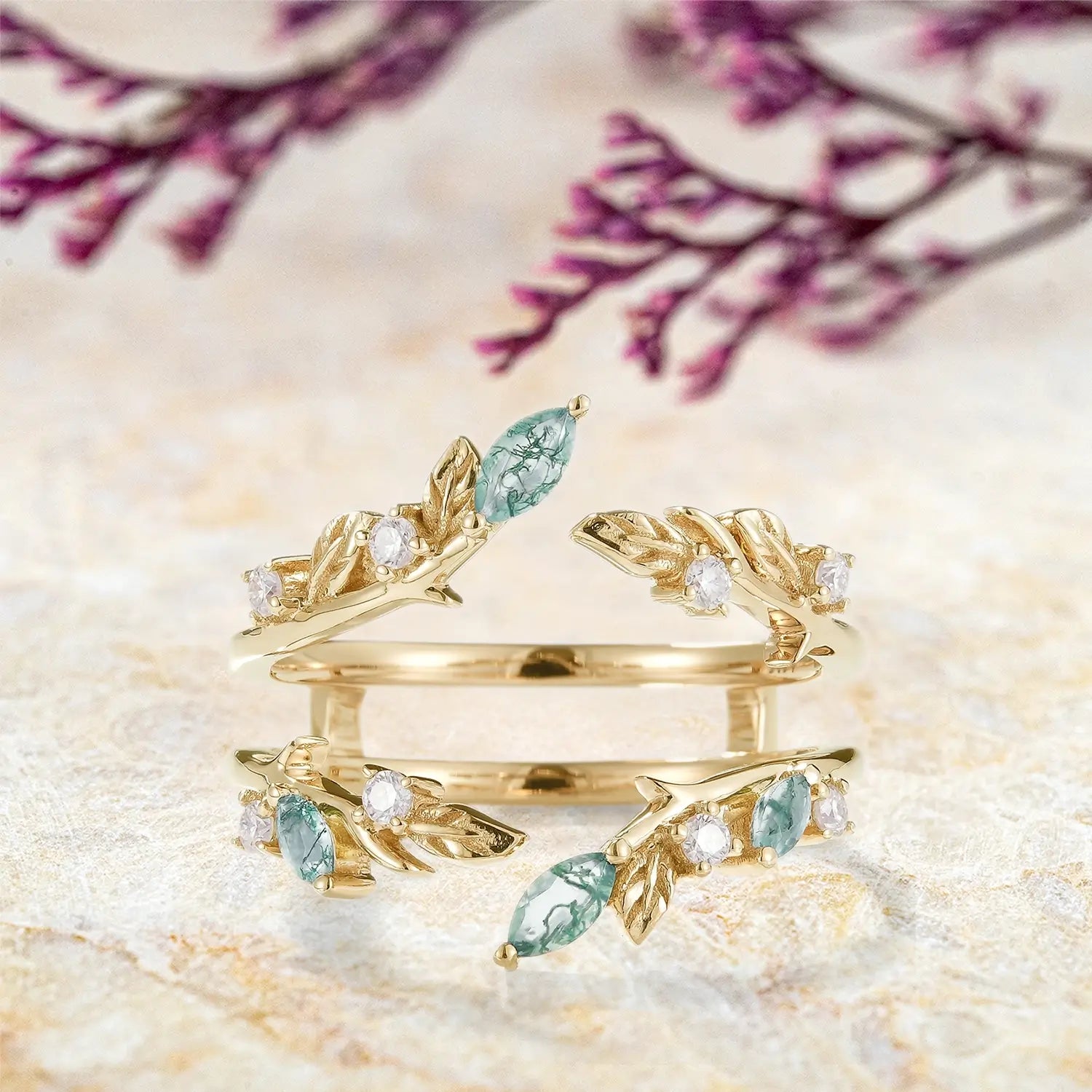 Moss Agate Enhancer Leaf Double Matching Wedding Bands | custom yellow gold jewelry orleone