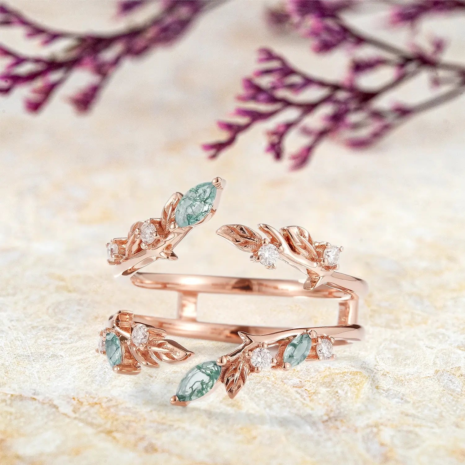 Moss Agate Enhancer Leaf Double Matching Wedding Bands | custom rose gold jewelry orleone
