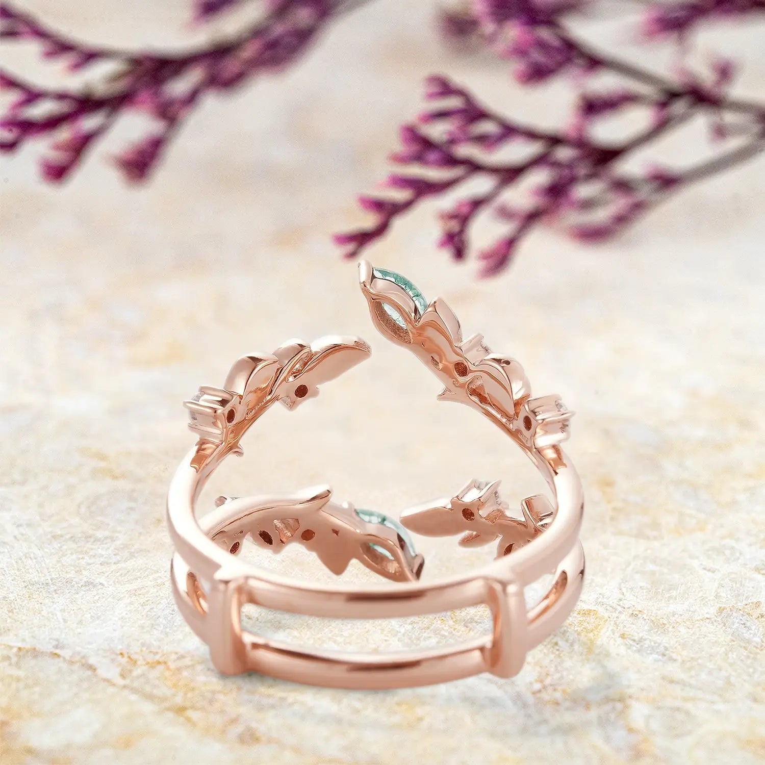 Moss Agate Enhancer Leaf Double Matching Wedding Bands | custom rose gold jewelry orleone
