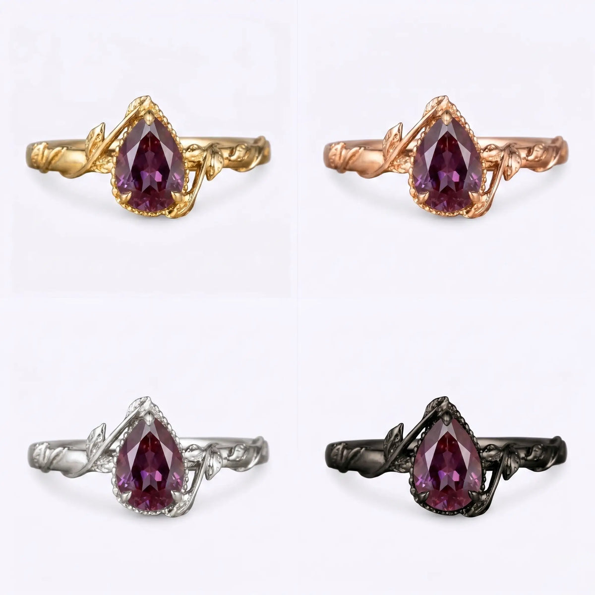 Natural style pear-shaped alexandrite engagement ring 4 material and color display