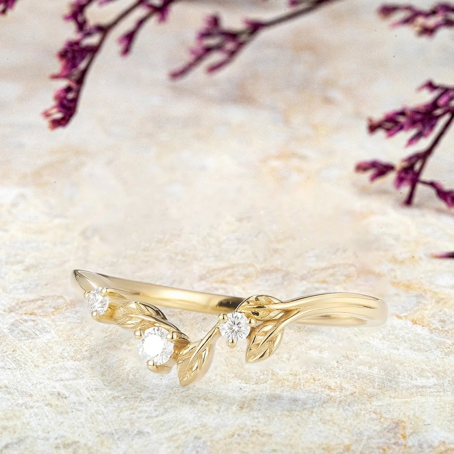 Vespera Moissanite Leaf Stacking Band – Nature-Inspired Wedding Band