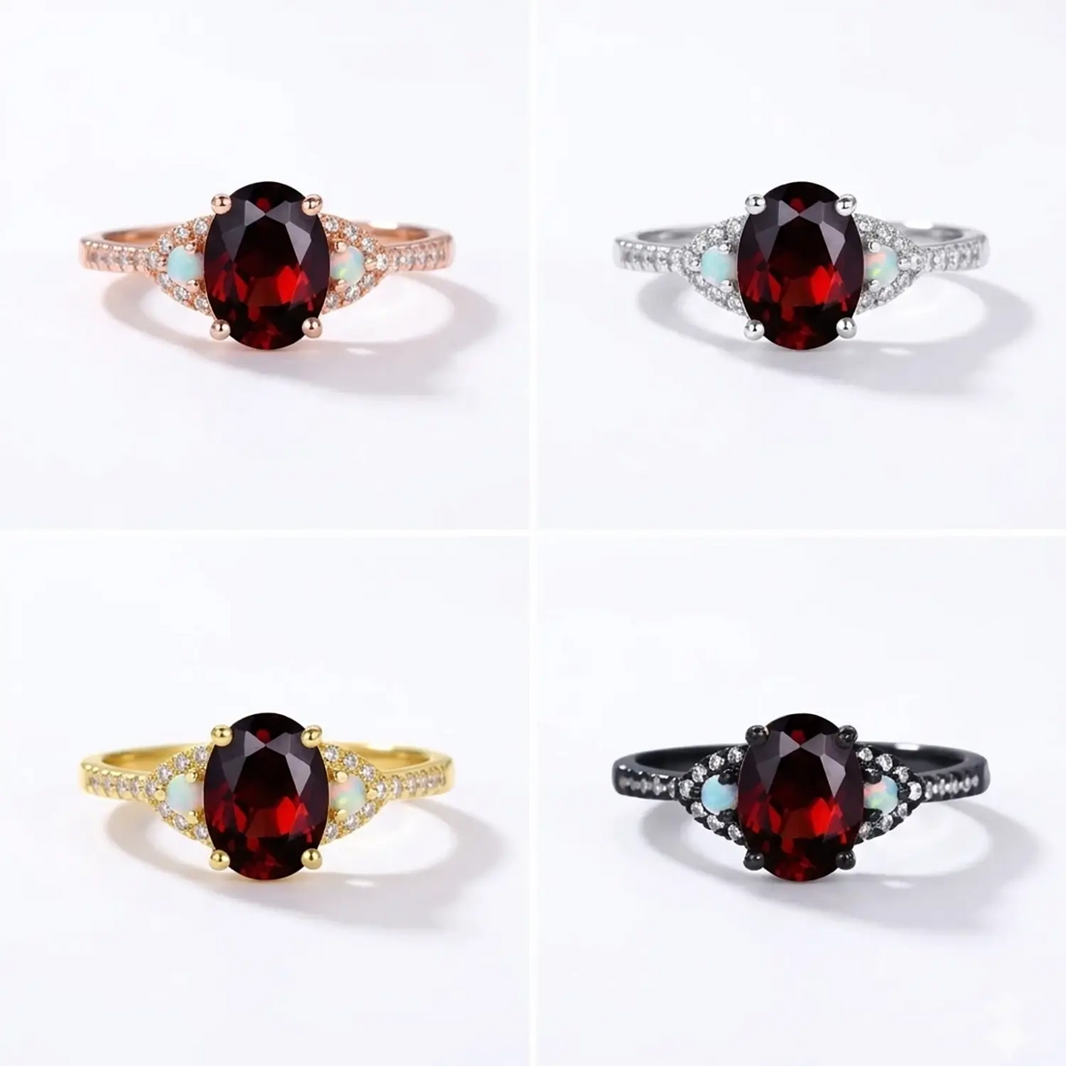Oval Garnet Black Gold Engagement Ring Opal Three Stone 4 material color rose yellow white gold black gold