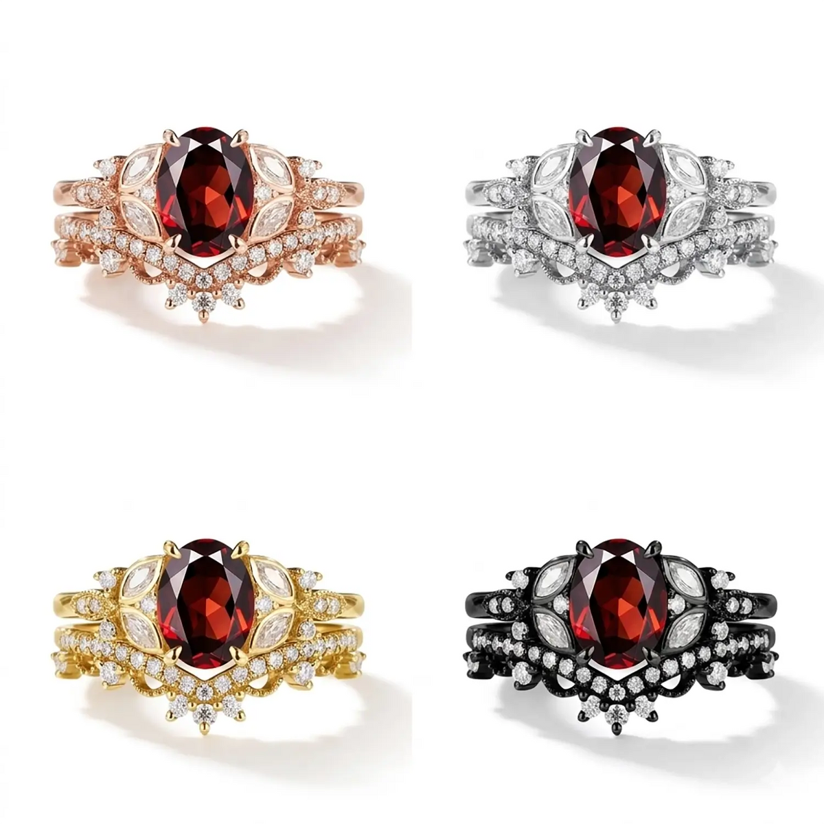 Woman wearing oval garnet engagement ring in rose gold 4color