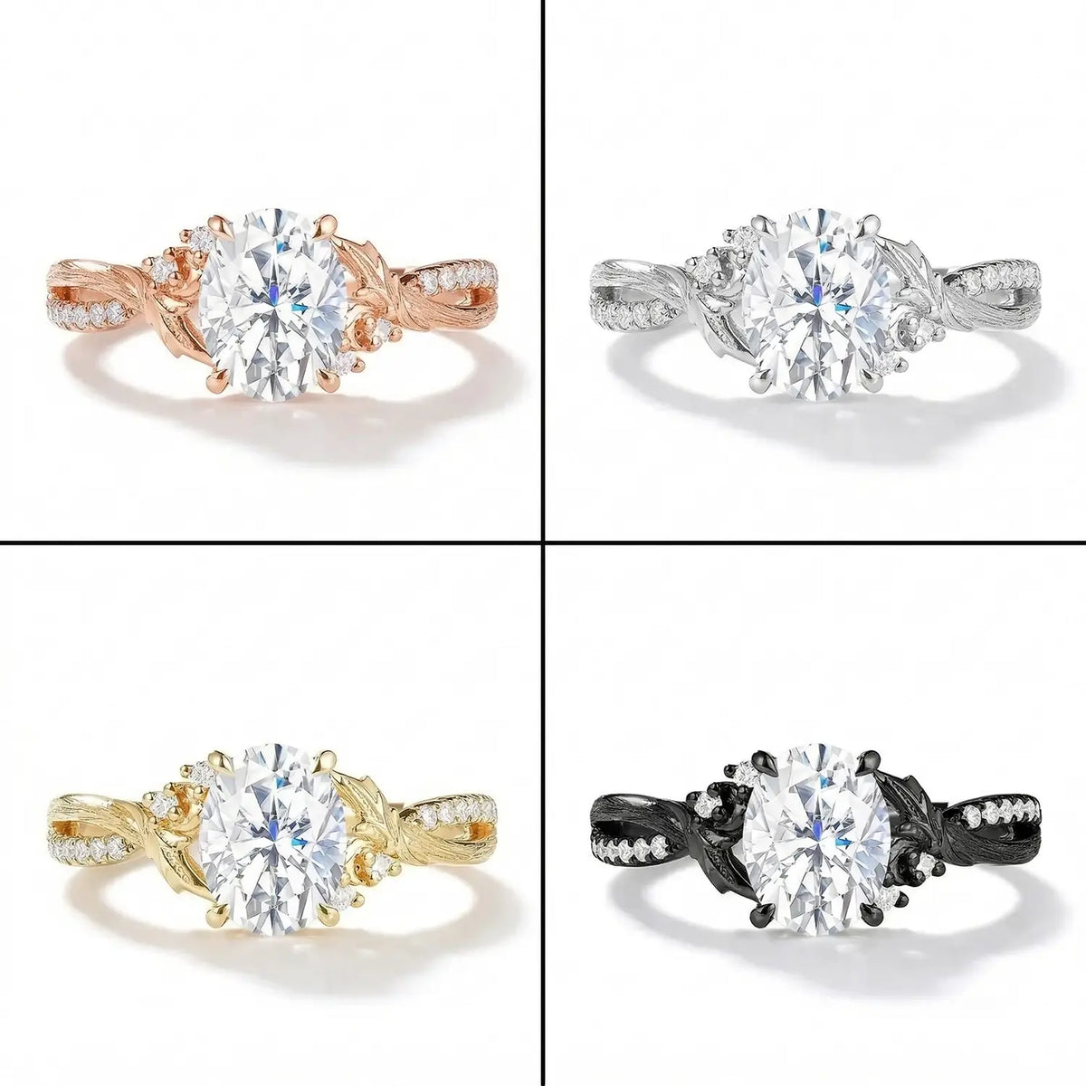 4 different colors of k gold rings-Oval Moissanite Leaf Engagement Ring