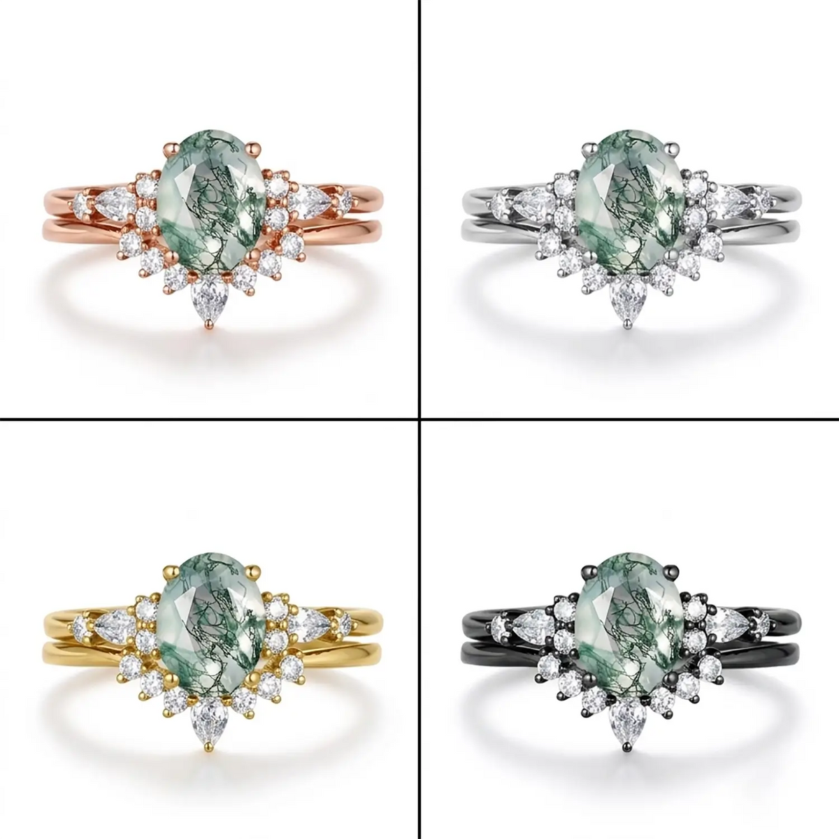 Oval Moss Agate Bridal Set Black Gold Moissanite Cluster Wedding Ring - Eden