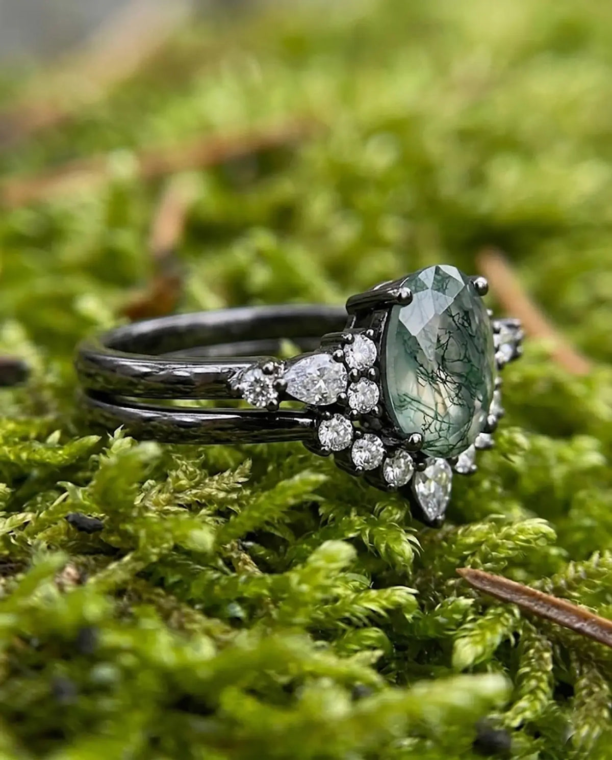 Oval Moss Agate Bridal Set Black Gold Moissanite Cluster Wedding Ring - Eden