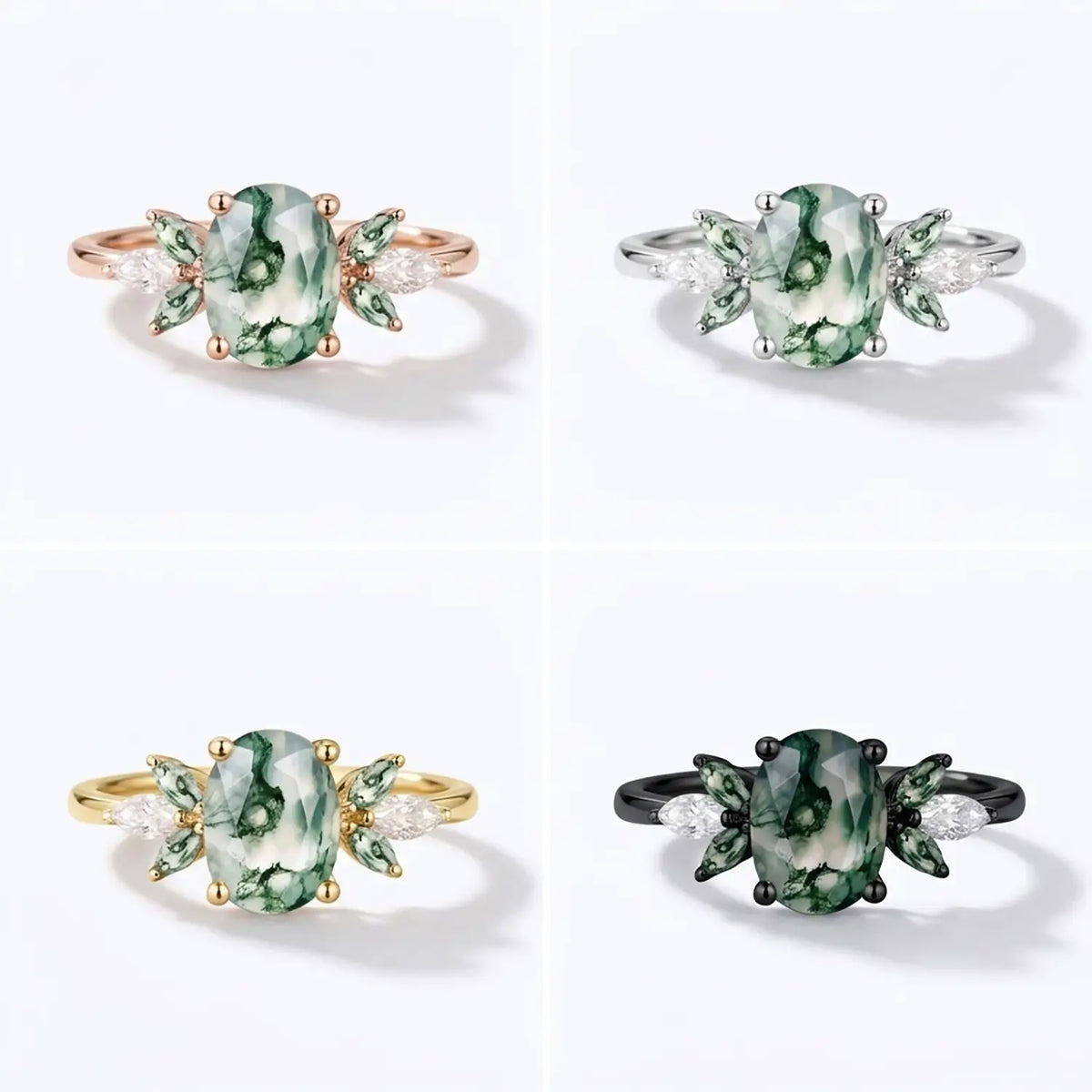 Oval Moss Agate Cluster Engagement Ring Art Deco Flower Ring- Flora