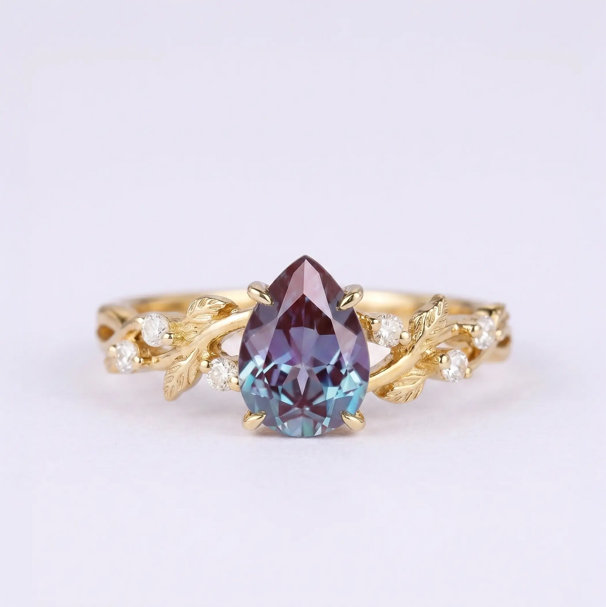 Pear Cut Alexandrite Engagement Rings – Nature-Inspired Gold Leaf Ring For ladies gift