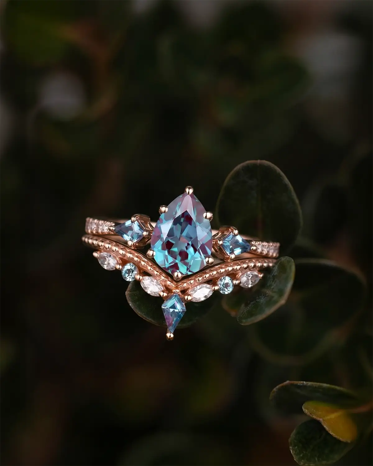 Pear Alexandrite Bridal Set Vintage June Birthstone Engagement Ring - Eclipse
