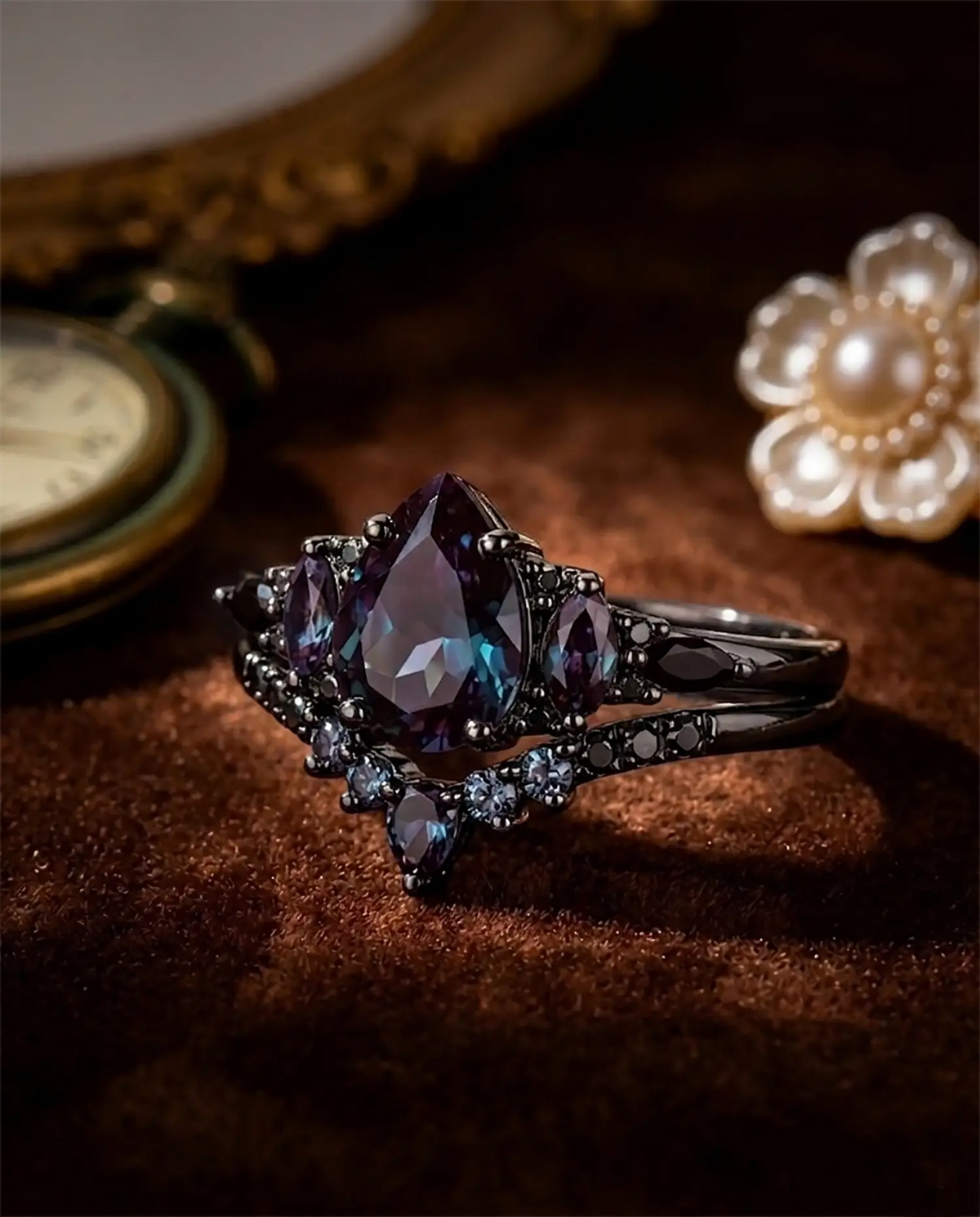 Gothic style 14k black gold pear cut alexandrite anniversary ring