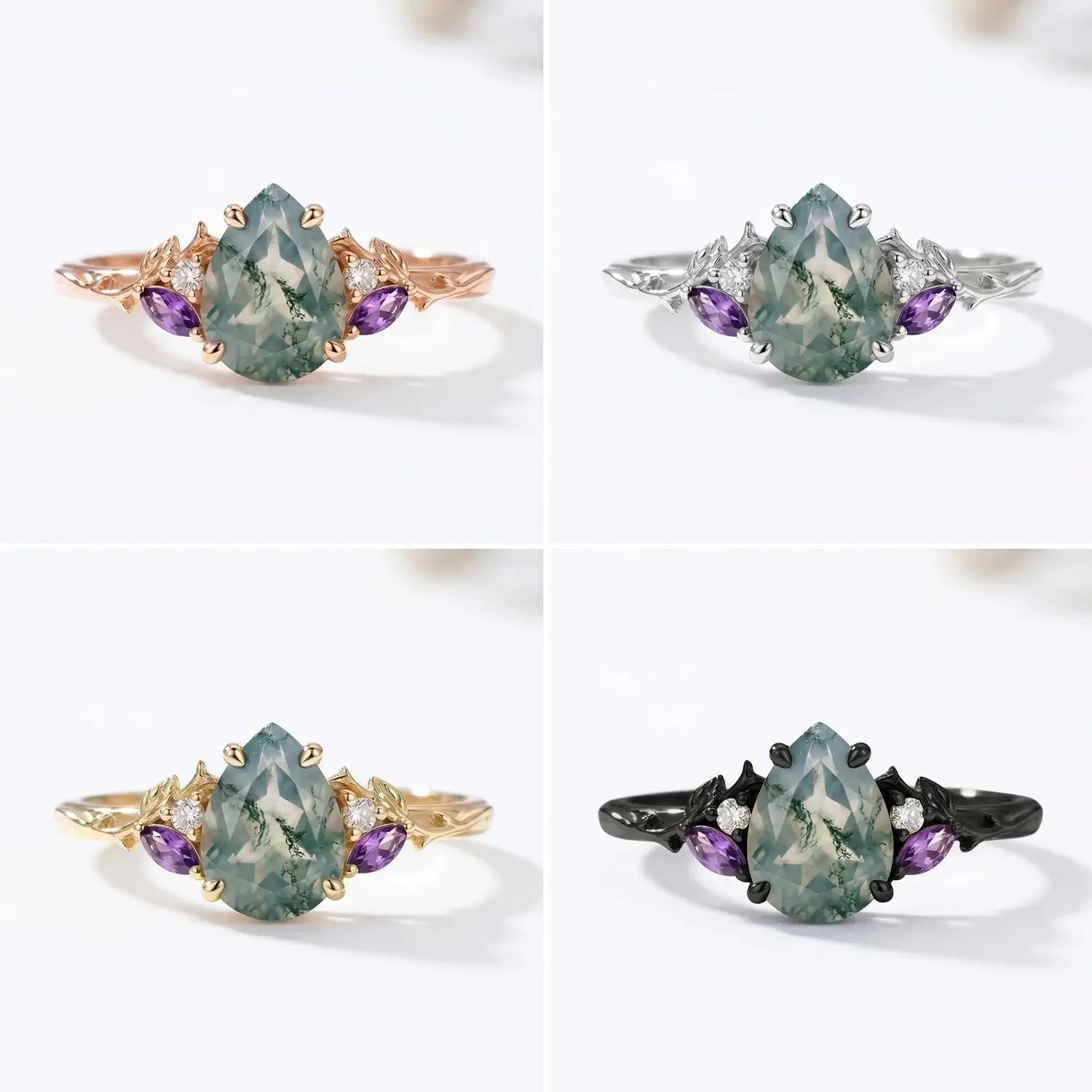 Pear Cut Moss Agate Engagement Ring Gold Leaf Nature Inspired Ring for her 4 color material