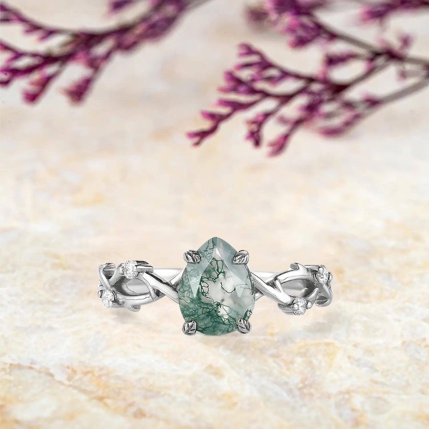 Pear Cut Moss Agate Vine Leaf Engagement Ring Custom womens promise art deco ring