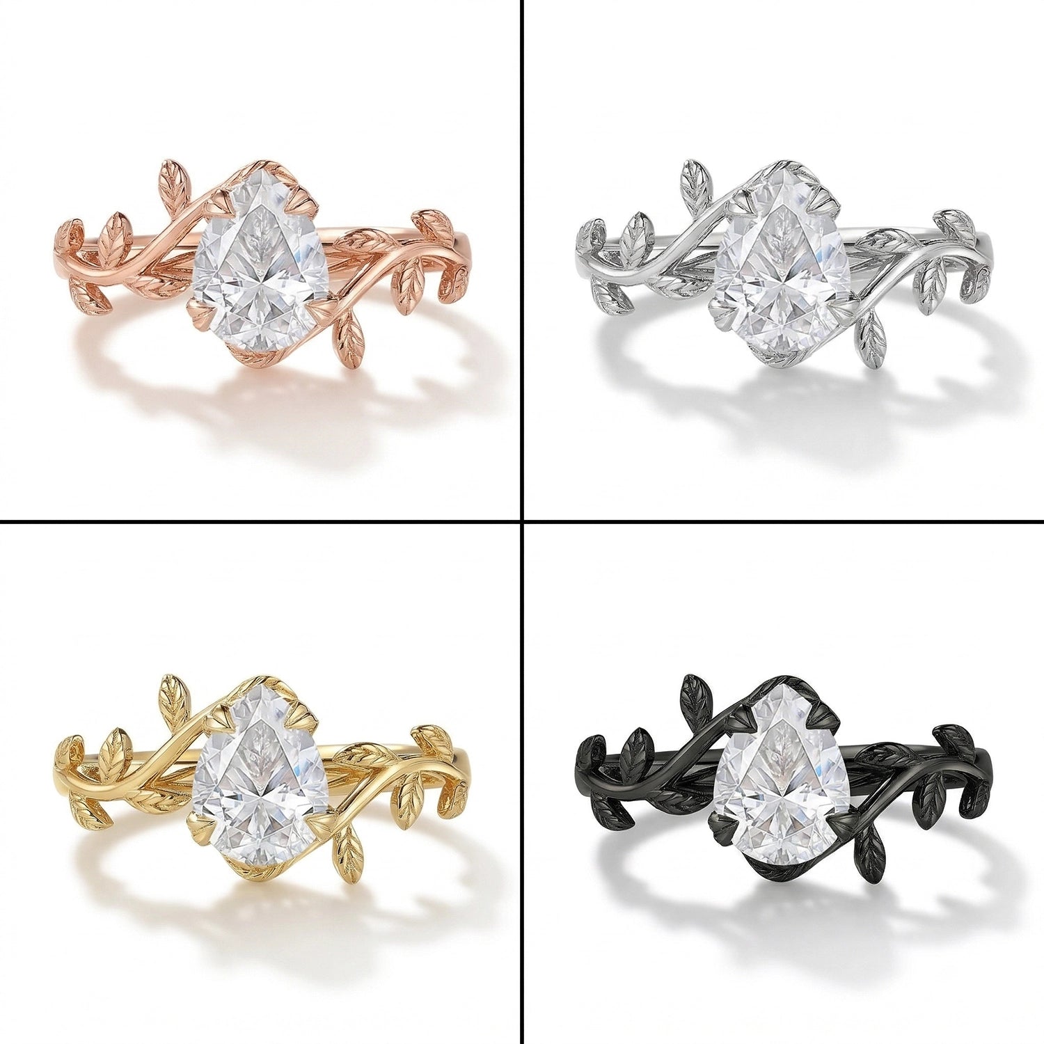 A pear-cut moissanite solitaire ring featuring a nature-inspired design style, available in four metal finishes: 14K Yellow Gold, White Gold, Rose Gold, and Black Gold