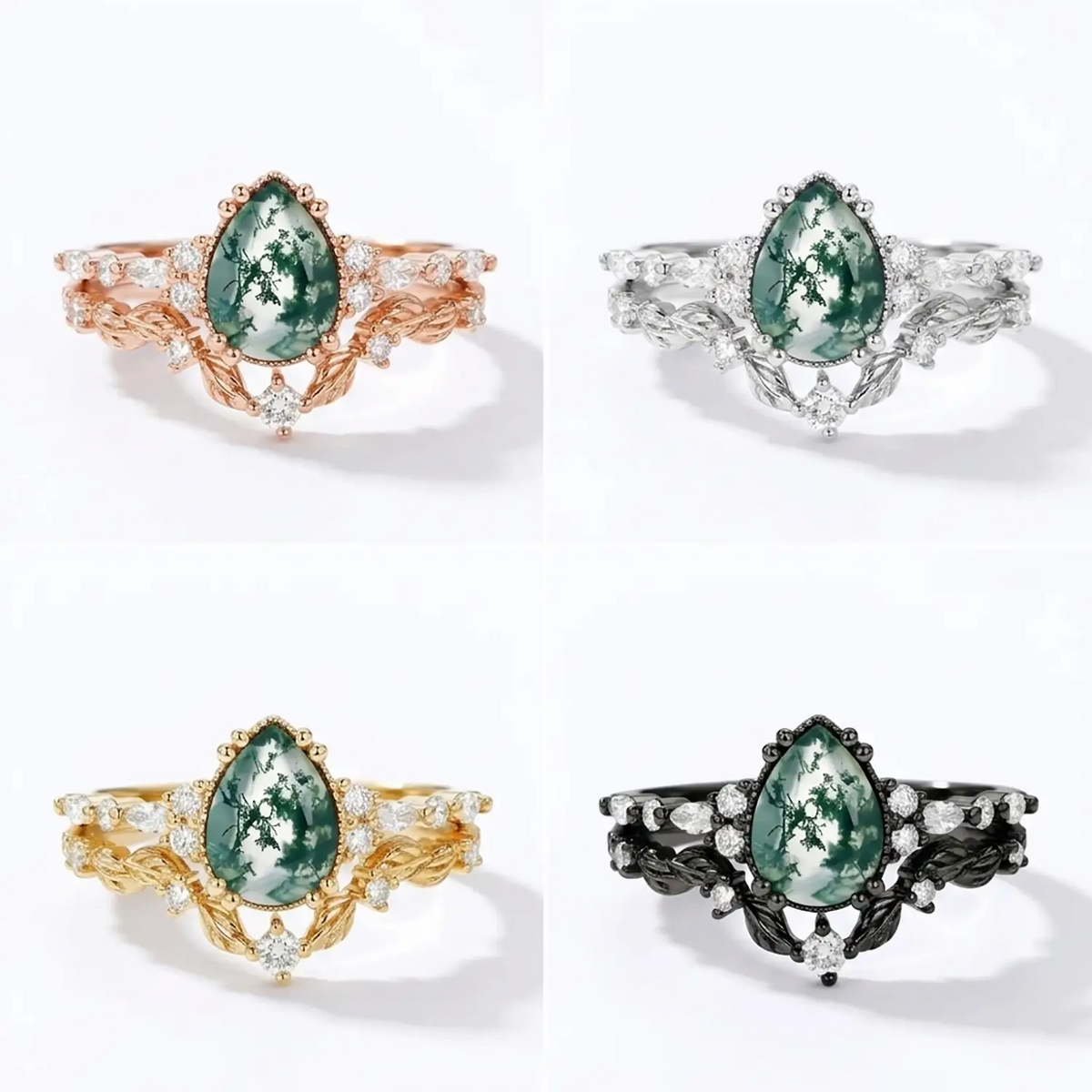 Pear Moss Agate Leaf Engagement Ring Set with Vine Band – Elowen