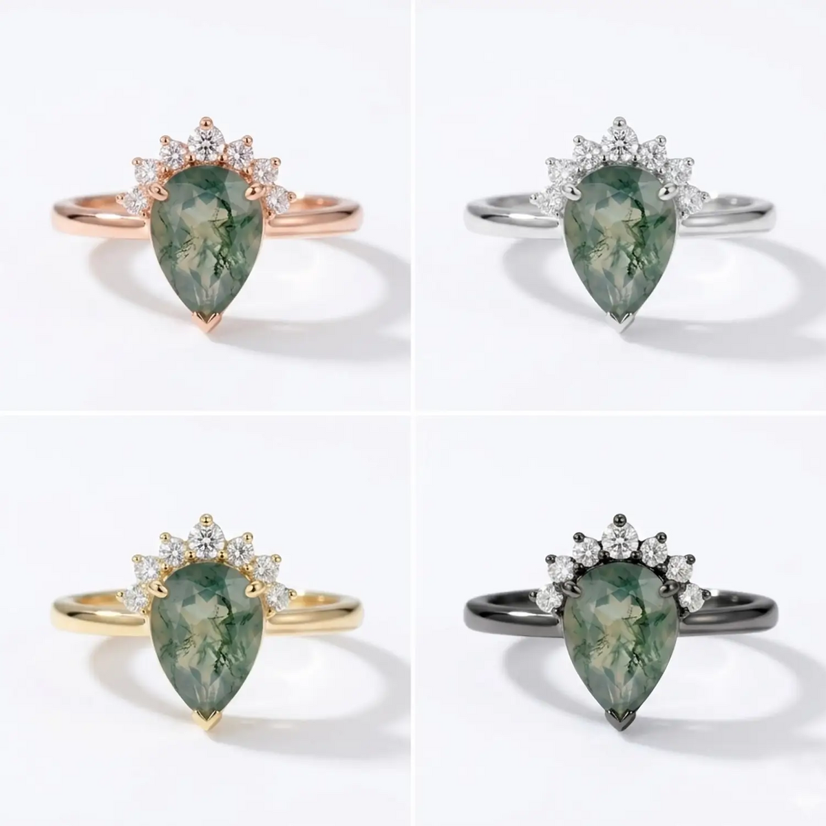 pear moss agate ring rose gold yellow white and black 4 color 18k solid