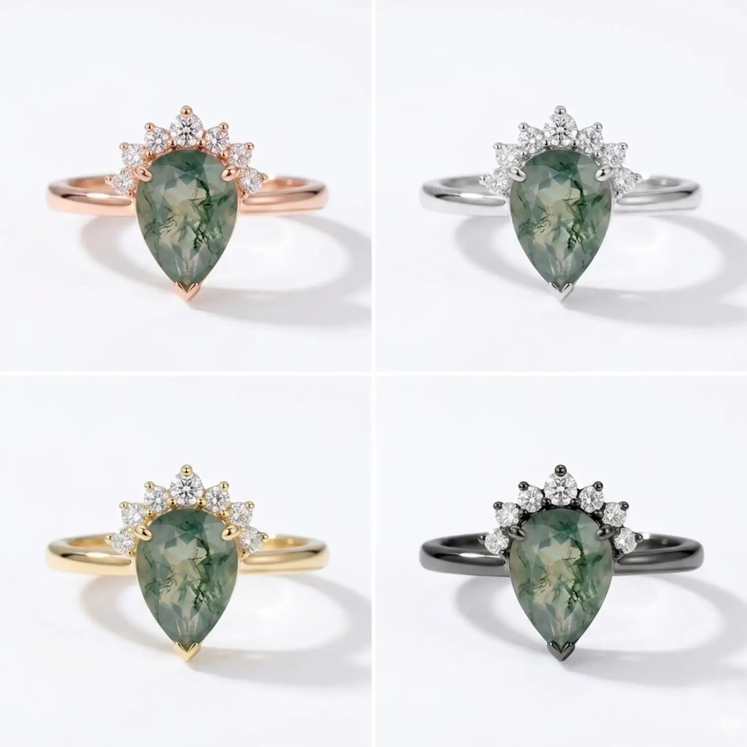 pear moss agate ring rose gold yellow white and black 4 color 18k solid