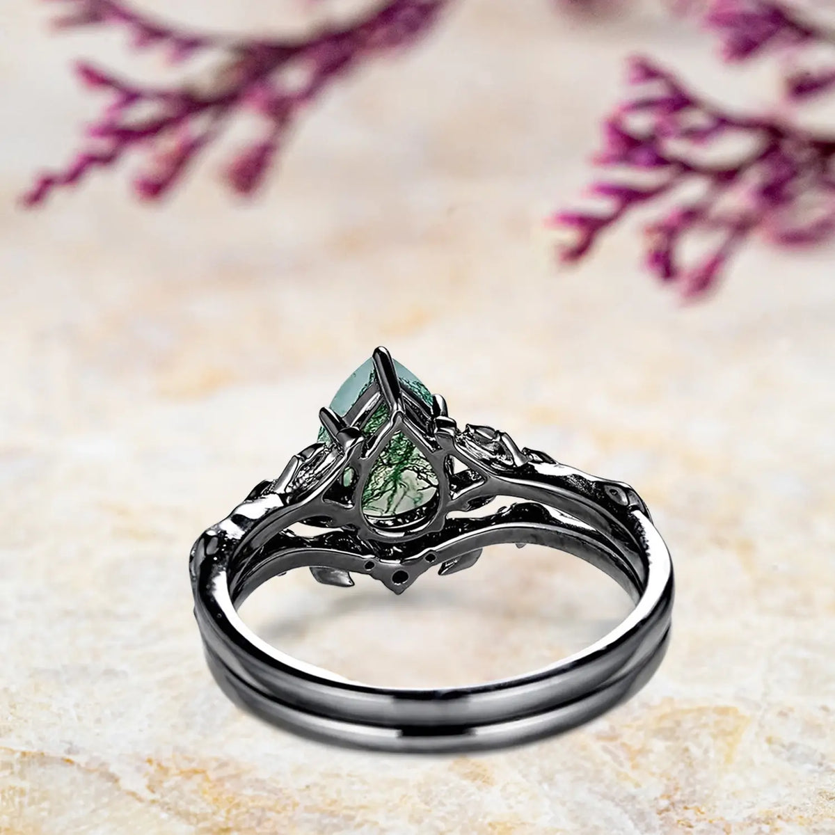 Unique pear moss agate and black gold bridal ring set anniversary gift