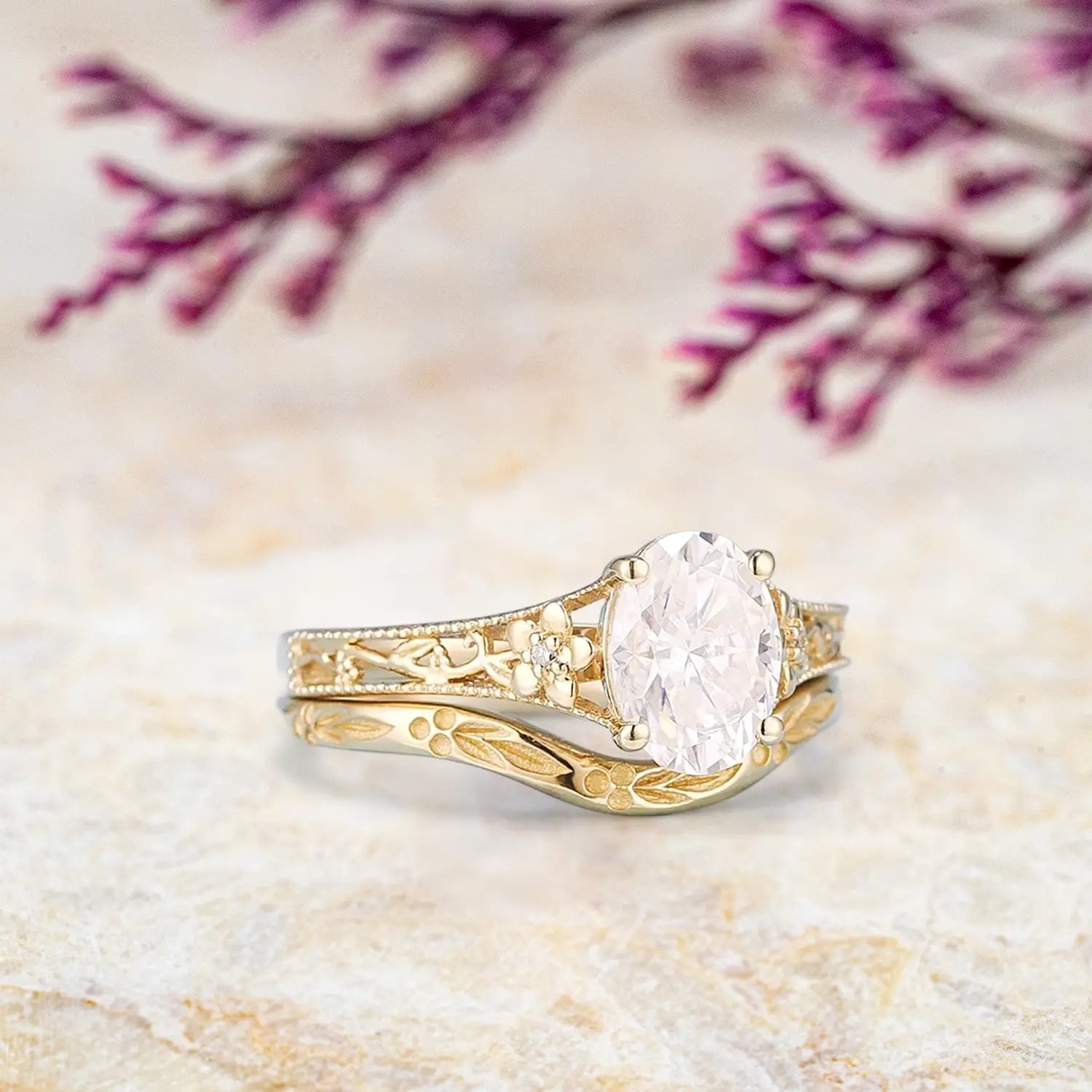 Vintage Moissanite Engagement Ring Set Nature Engraved Curved Band Moissanite Wedding Ring Solid Gold Engraved Flower Leaf Promise Rings