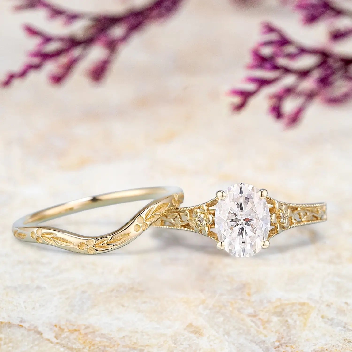Vintage Moissanite Engagement Ring Set Nature Engraved Curved Band Moissanite Wedding Ring Solid Gold Engraved Flower Leaf Promise Rings