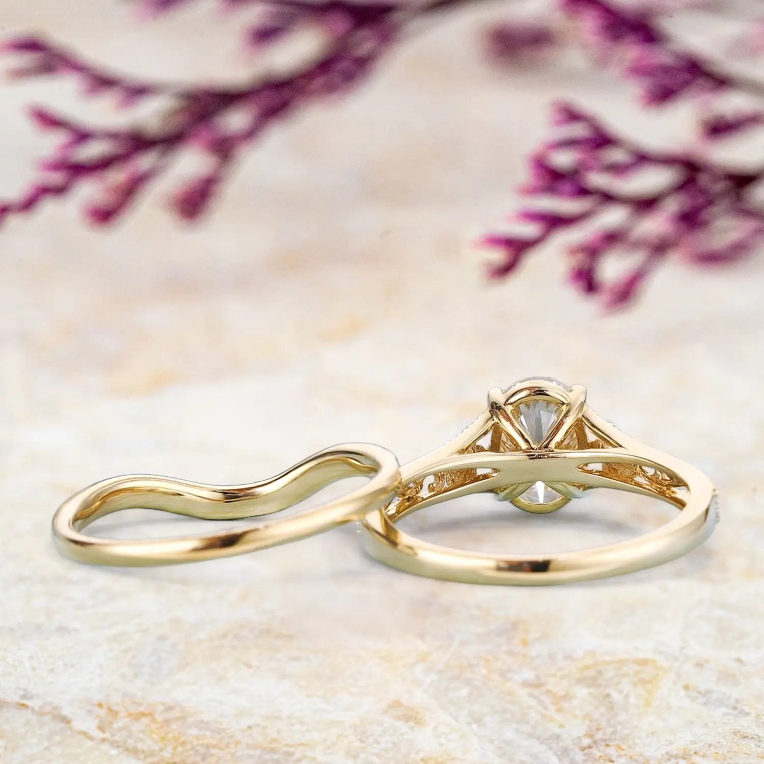 Vintage Moissanite Engagement Ring Set Nature Engraved Curved Band Moissanite Wedding Ring Solid Gold Engraved Flower Leaf Promise Rings
