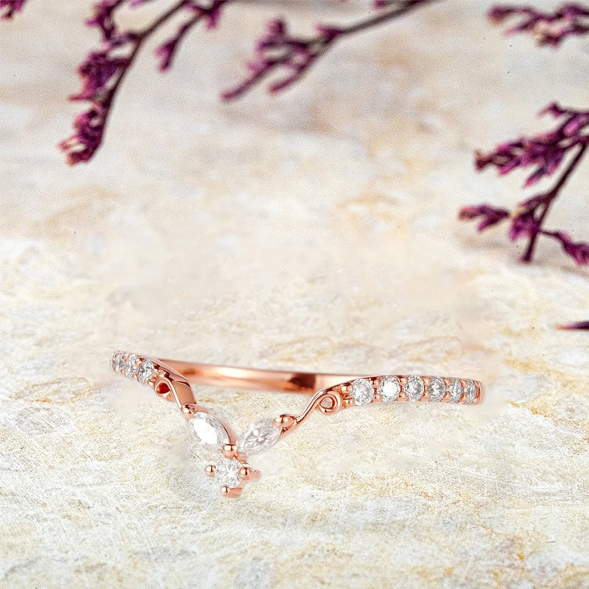 Rose Gold V-Shaped Moissanite Stackable Matching Wedding Bnad | women ring