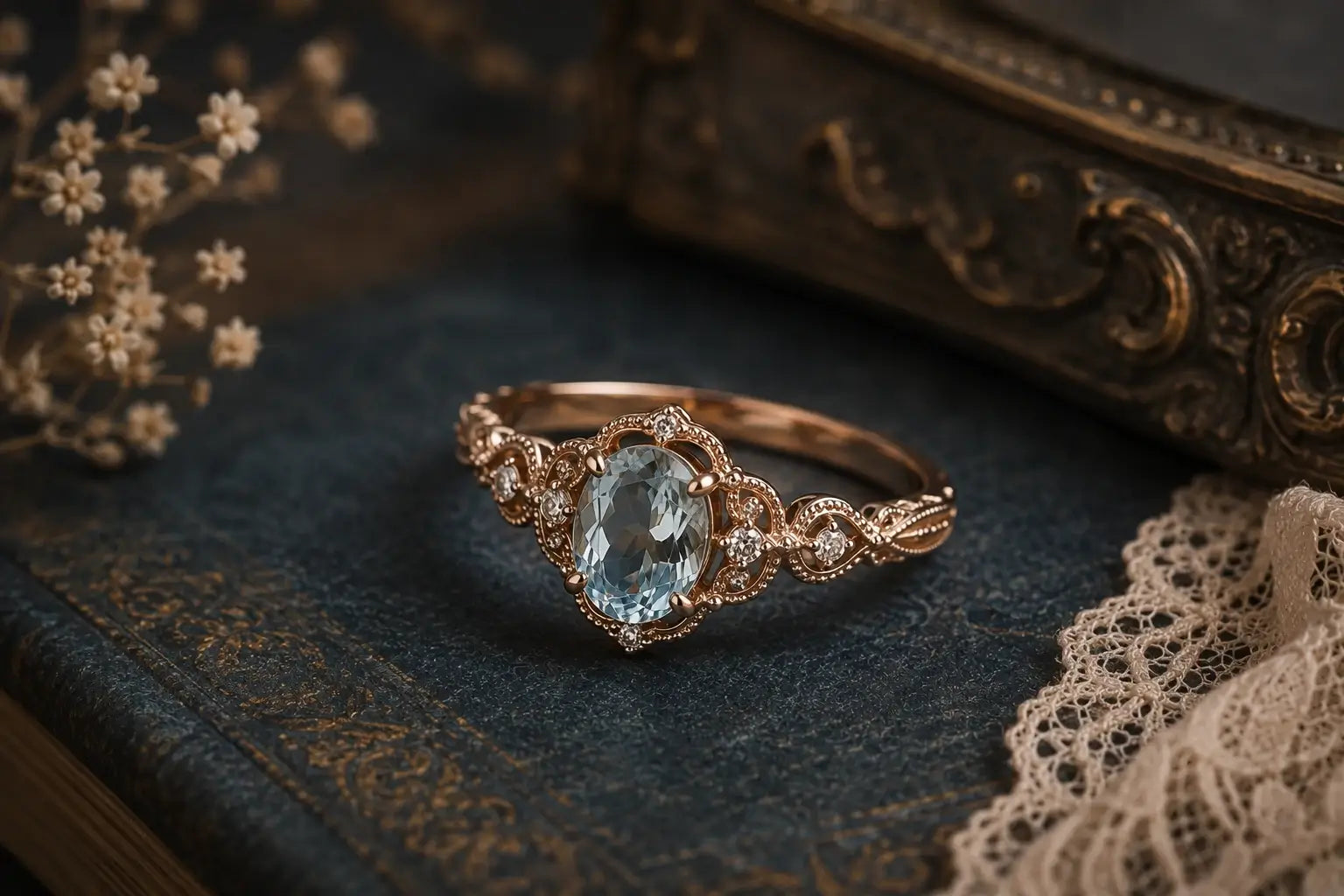 Vintage gemstone engagement ring with colorful center stone and antique inspired handcrafted gold details