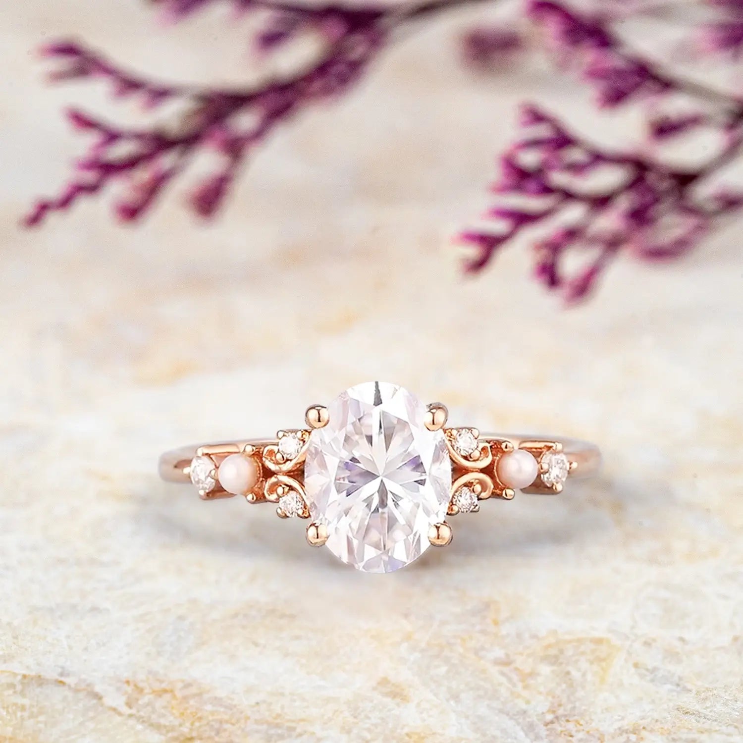 Vintage Oval Moissanite Engagement Ring with Pearl Solid Gold Art Deco Rings