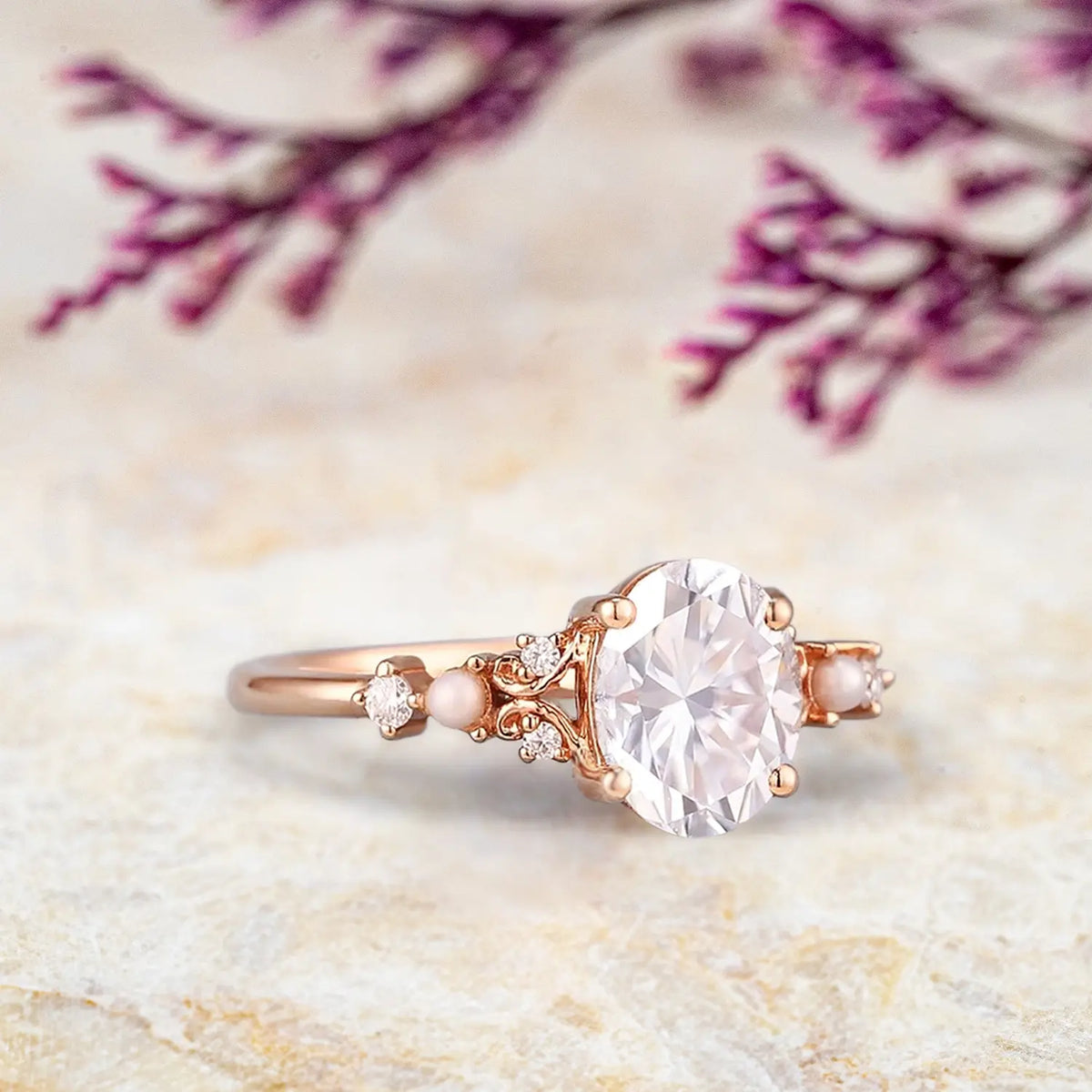 Vintage Oval Moissanite Engagement Ring with Pearl Solid Gold Art Deco Rings