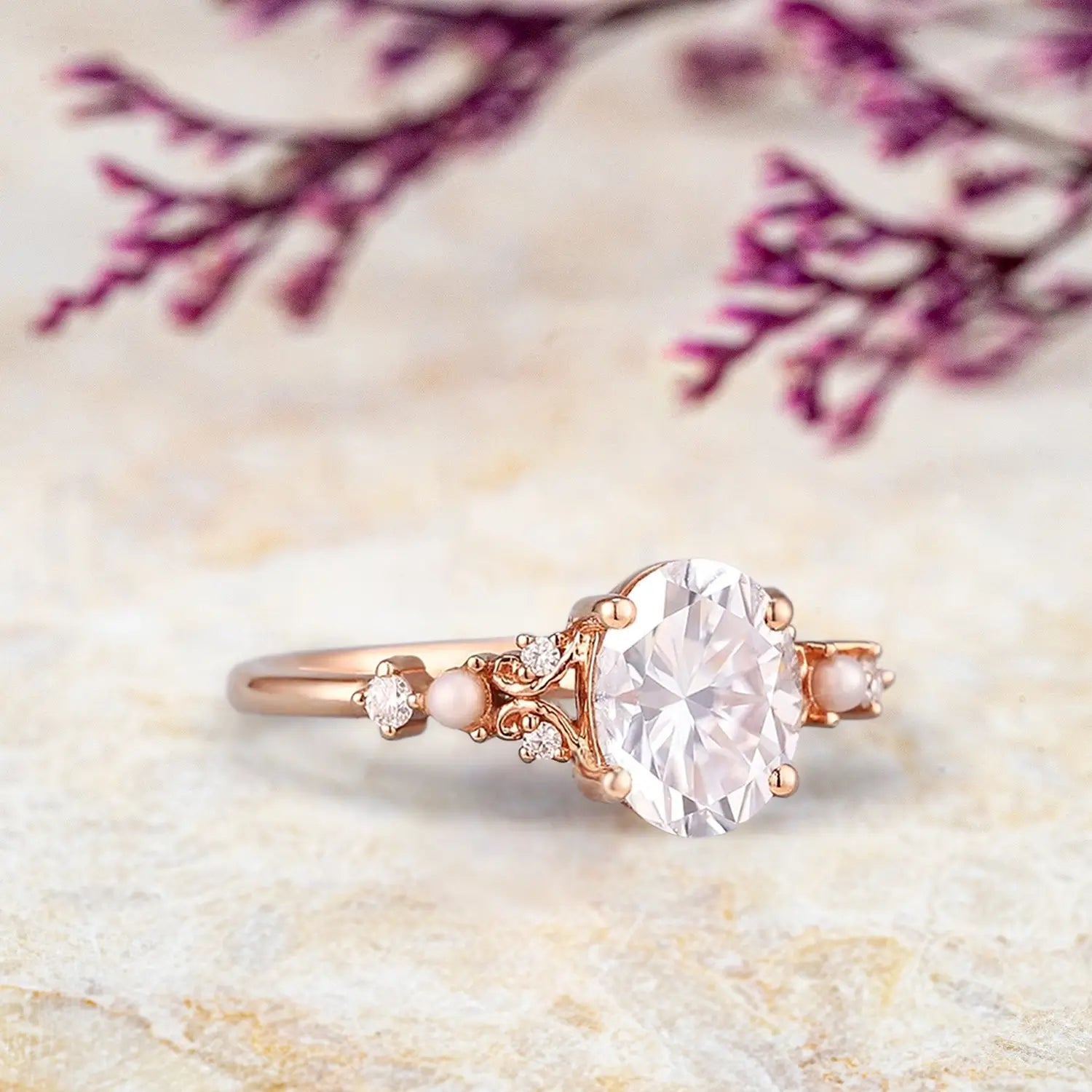 Vintage Oval Moissanite Engagement Ring with Pearl Solid Gold Art Deco Rings