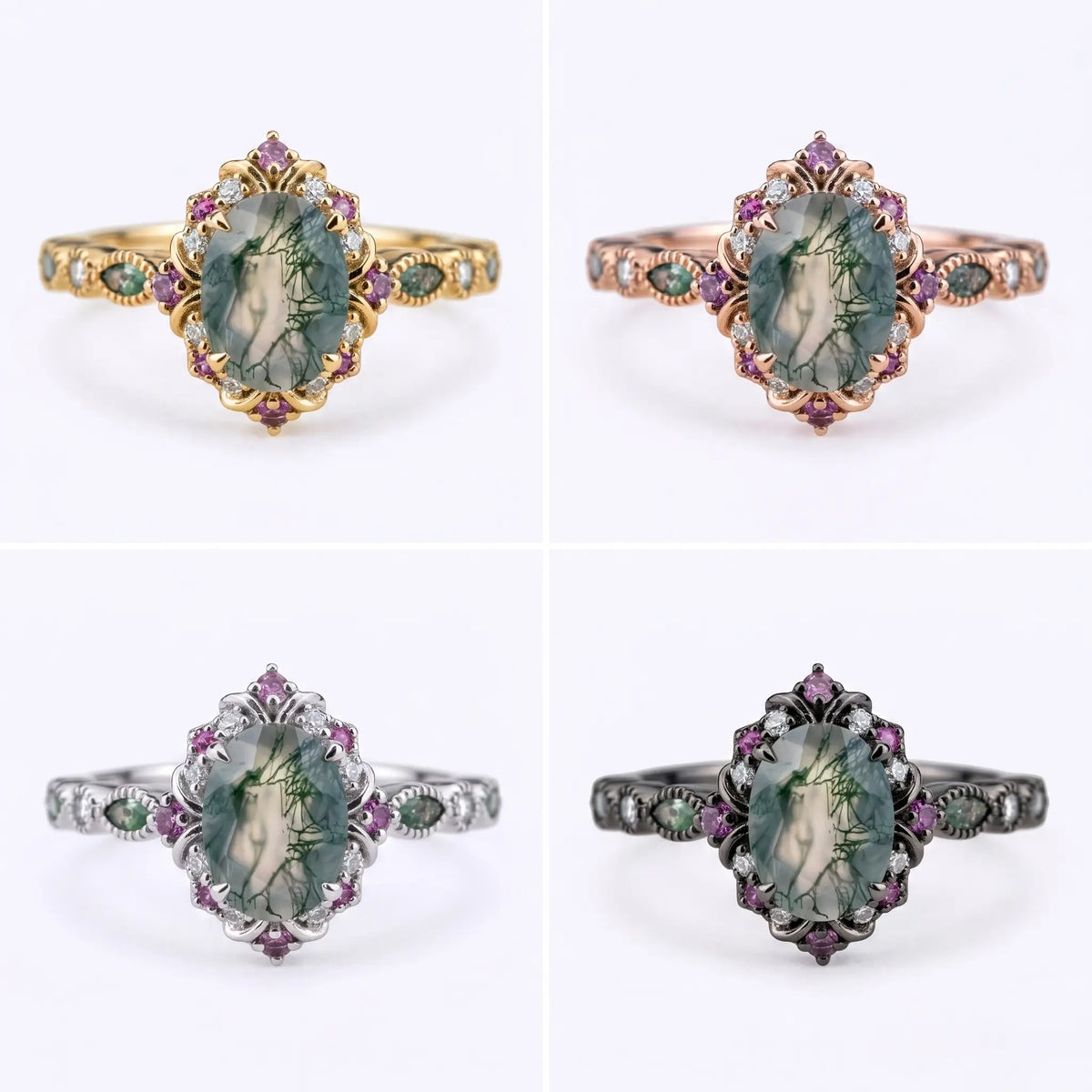 vintage-style halo engagement ring featuring an oval-cut moss agate set in 14K rose gold and black gold whtie gold yellow gold band
