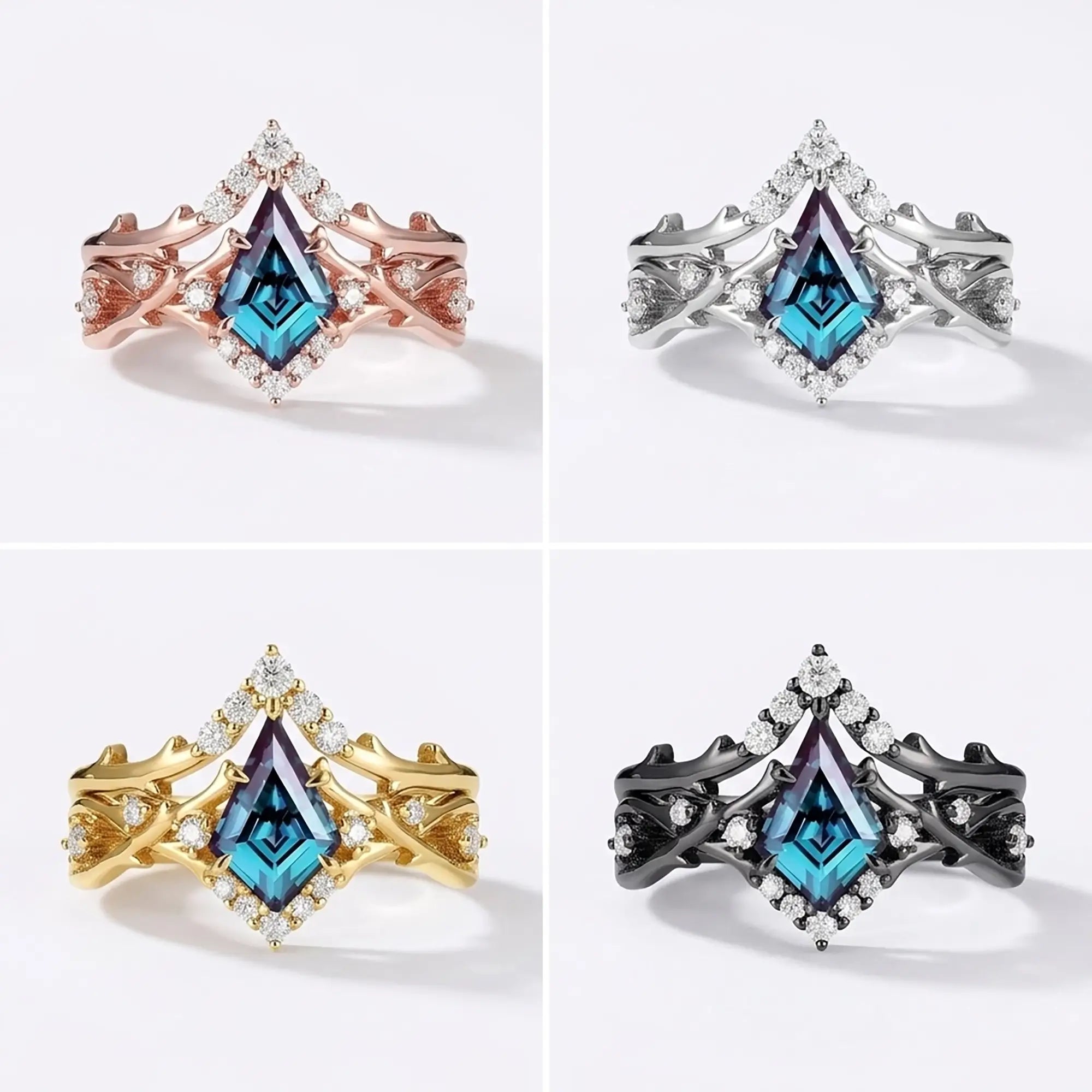 Kite Cut Alexandrite Engagement Ring Set Gold Branch Bridal Rings 4 color