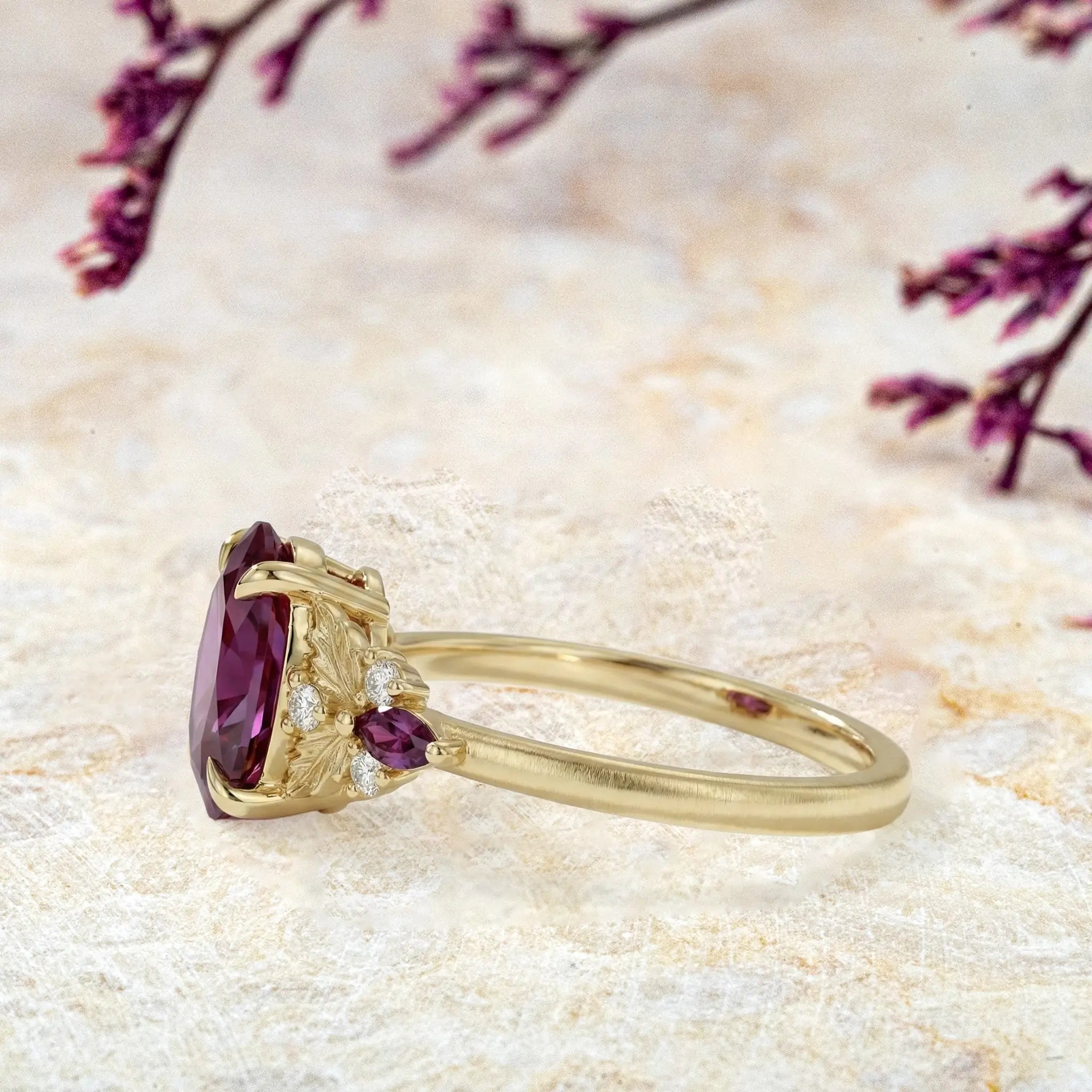 Close-up of oval alexandrite ring showing leaf setting and gemstone details