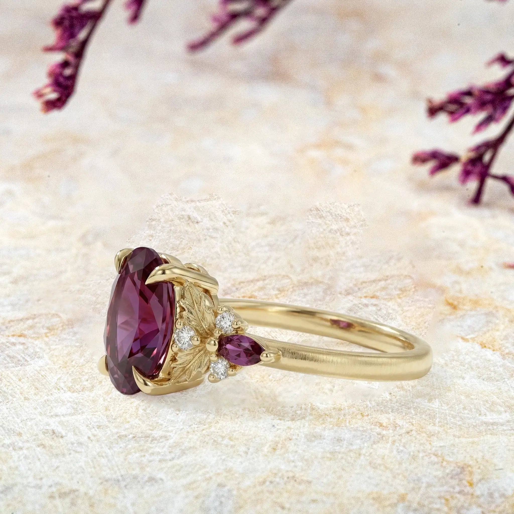 Side view of oval alexandrite engagement ring with moissanite accents