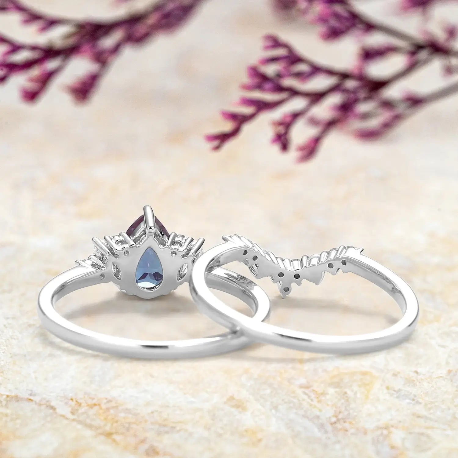 Moonlit Mirage Lab Alexandrite Cluster Ring Set - June Birthstone Luxury Bridal Rings